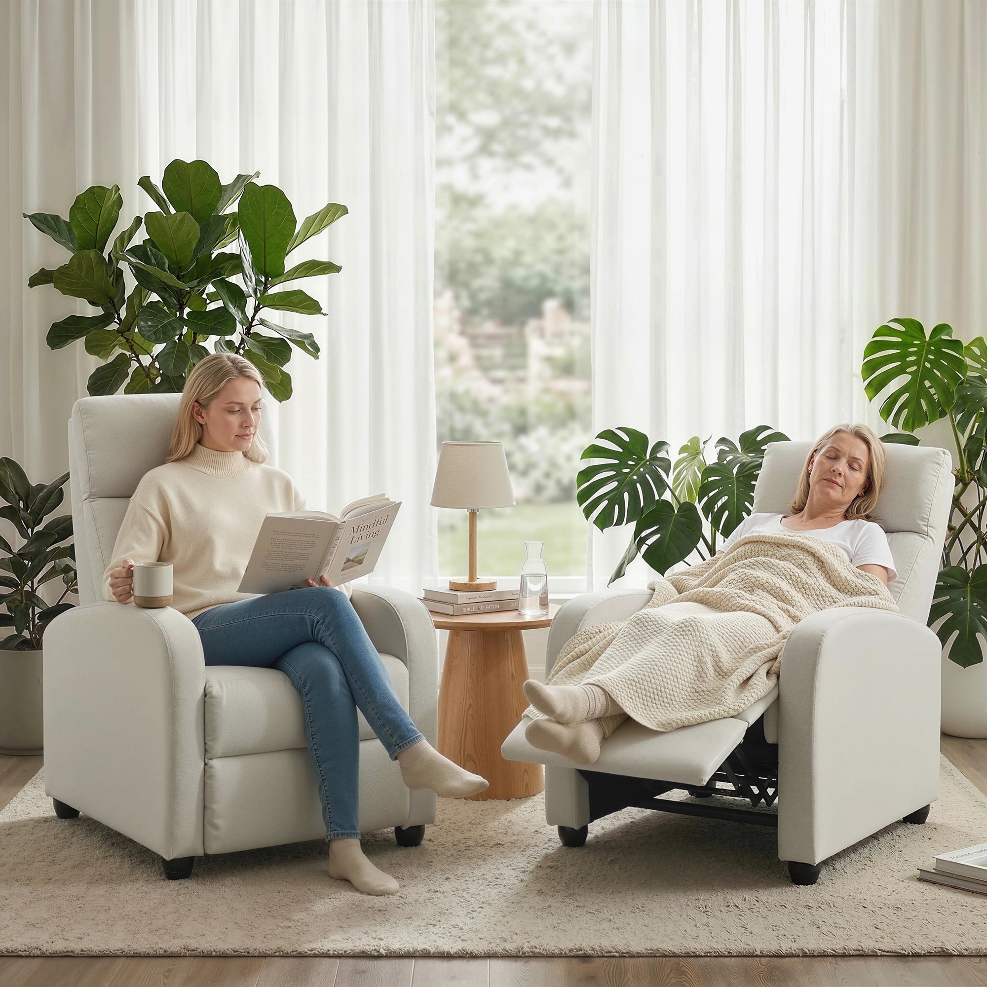 Fabric Recliner Chair Manual Cream White-DECOROLALA