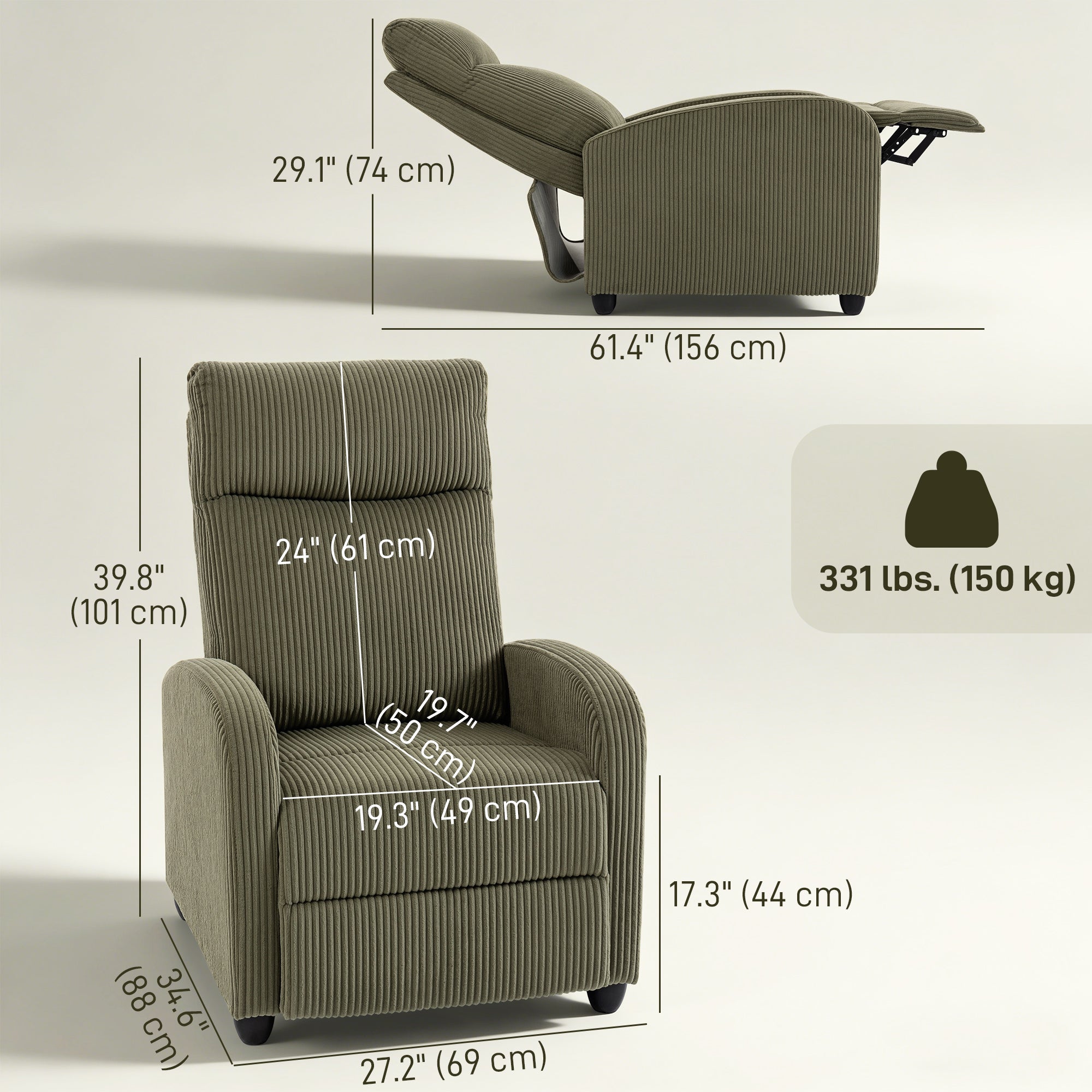 Fabric Recliner Chair Manual Dark Green Corduroy-DECOROLALA