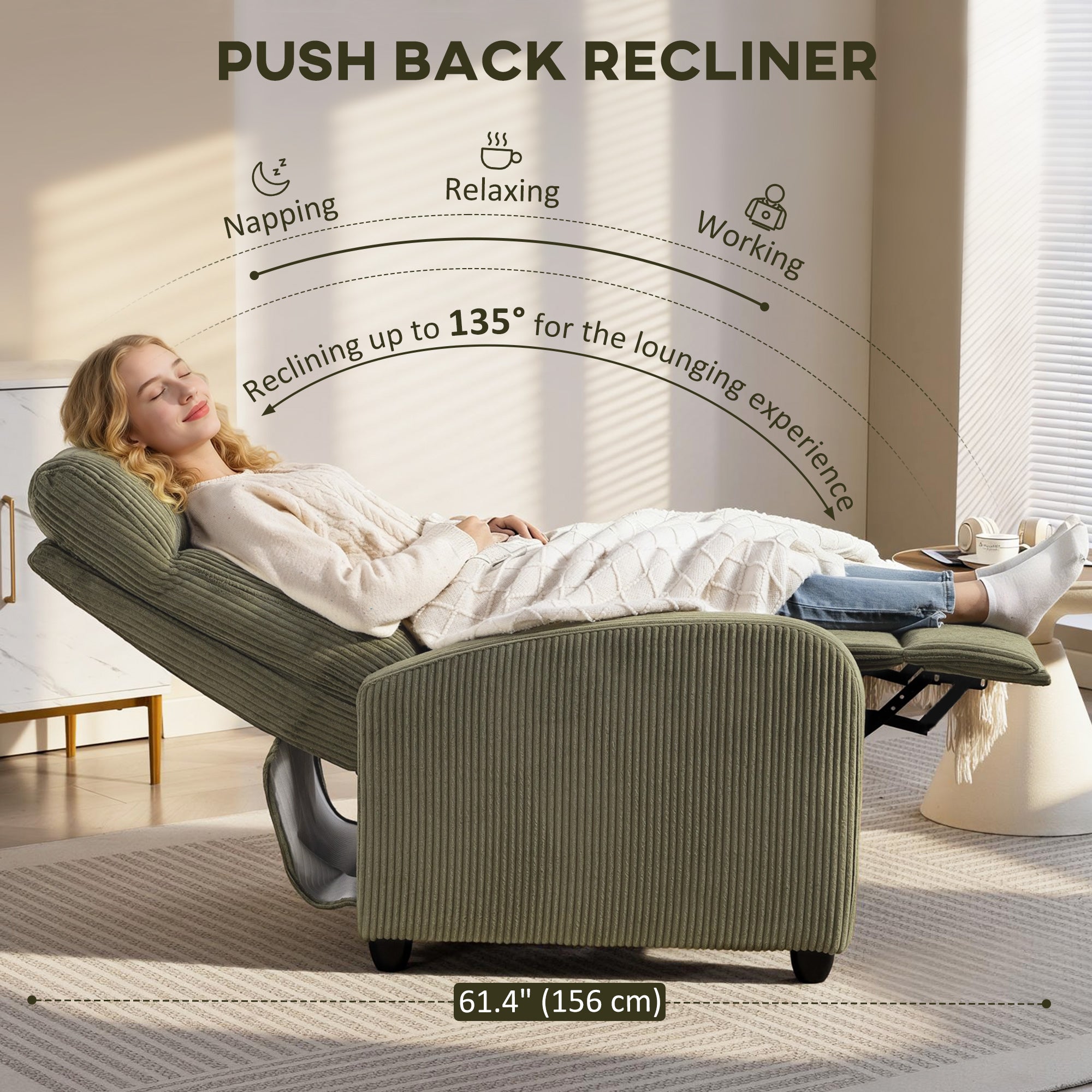 Fabric Recliner Chair Manual Dark Green Corduroy-DECOROLALA