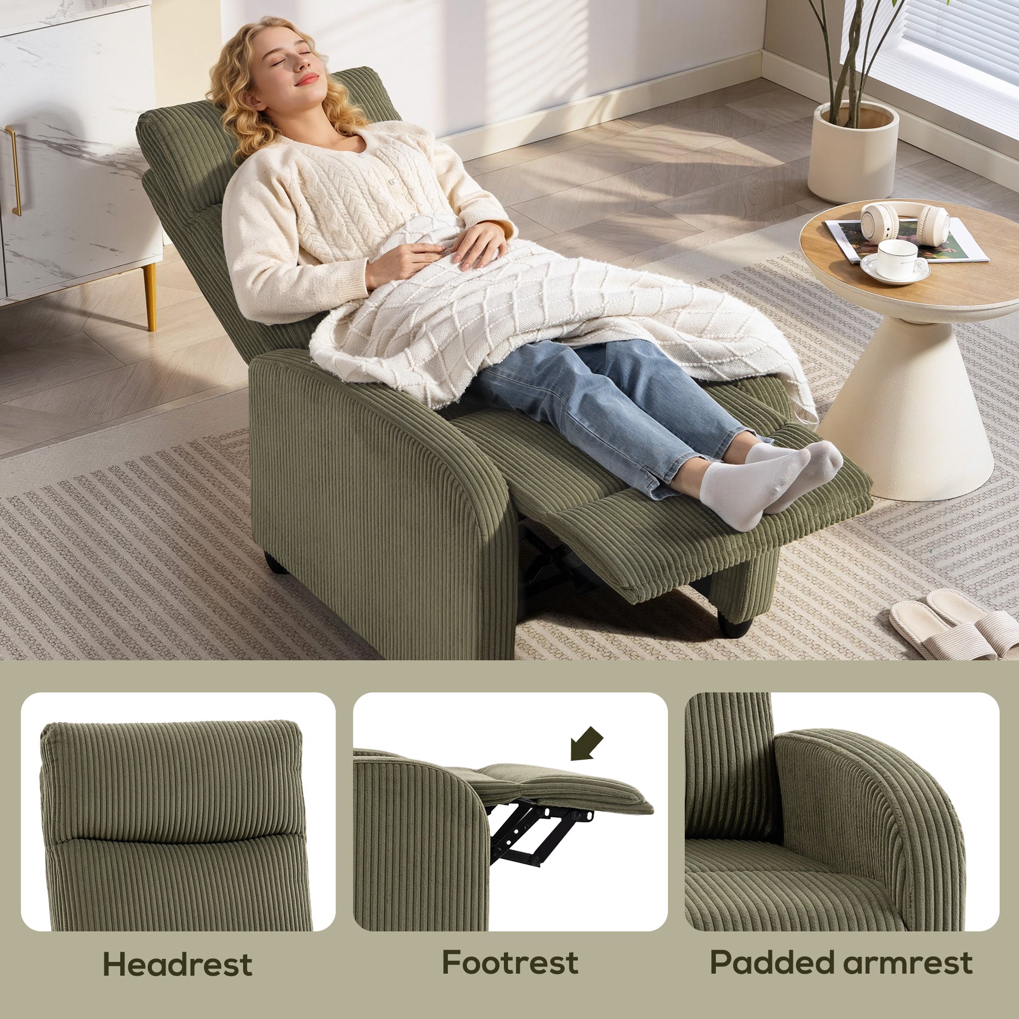 Fabric Recliner Chair Manual Dark Green Corduroy-DECOROLALA
