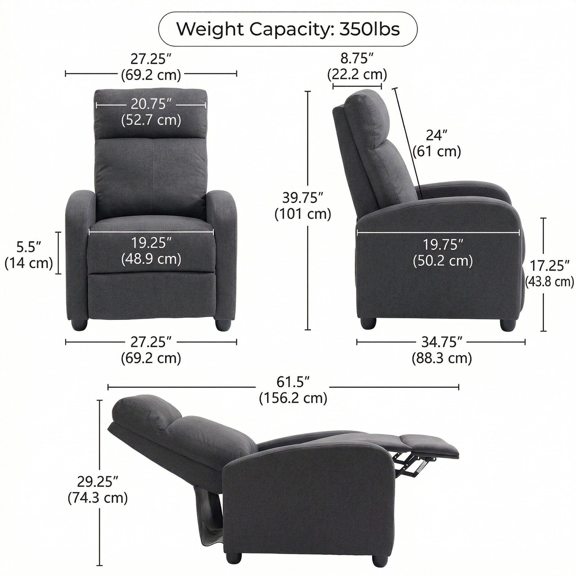 Fabric Recliner Sofa, Single Reclining Chair, Dark Grey, 135¡ Recline, Padded Seat-DECOROLALA