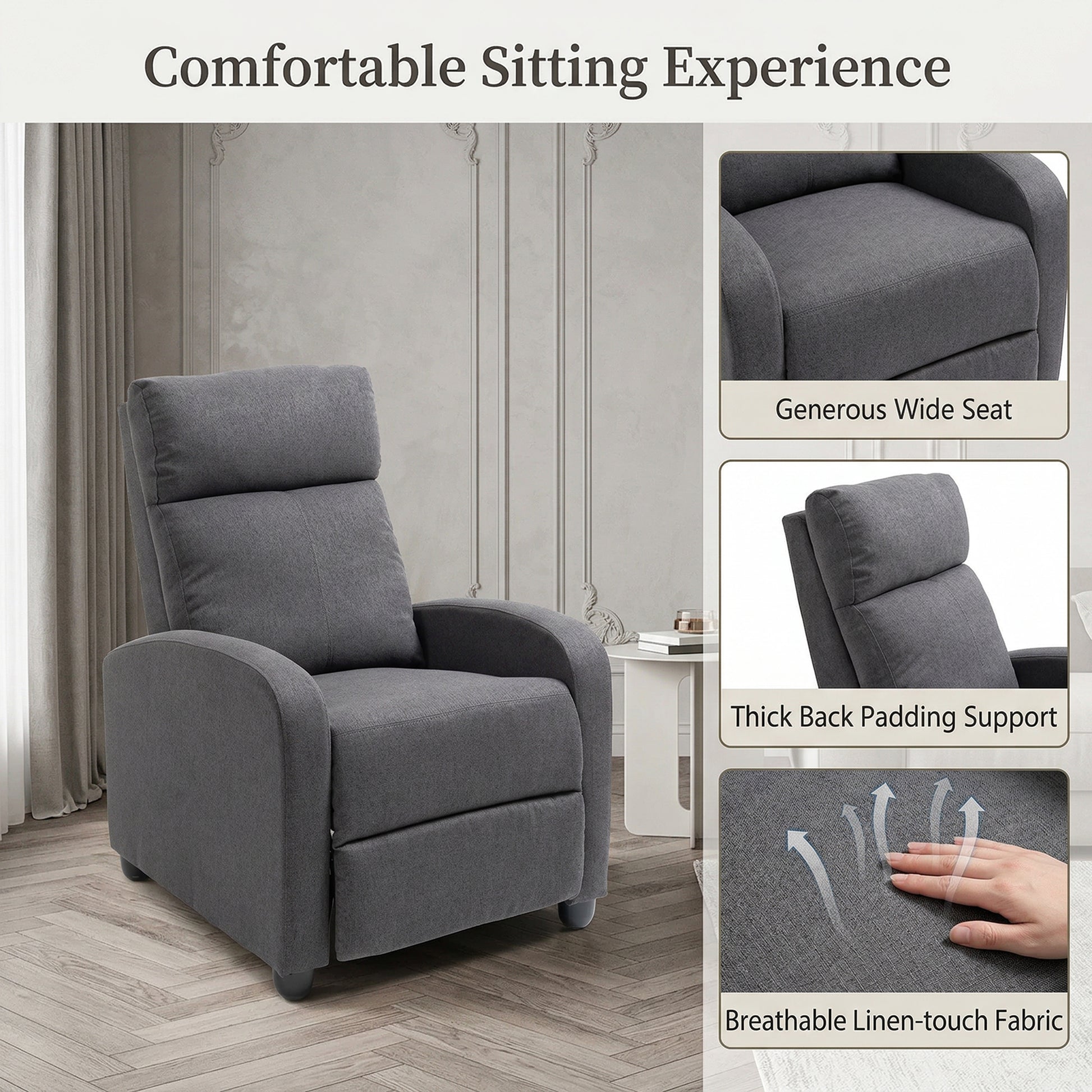 Fabric Recliner Sofa, Single Reclining Chair, Dark Grey, 135¡ Recline, Padded Seat-DECOROLALA