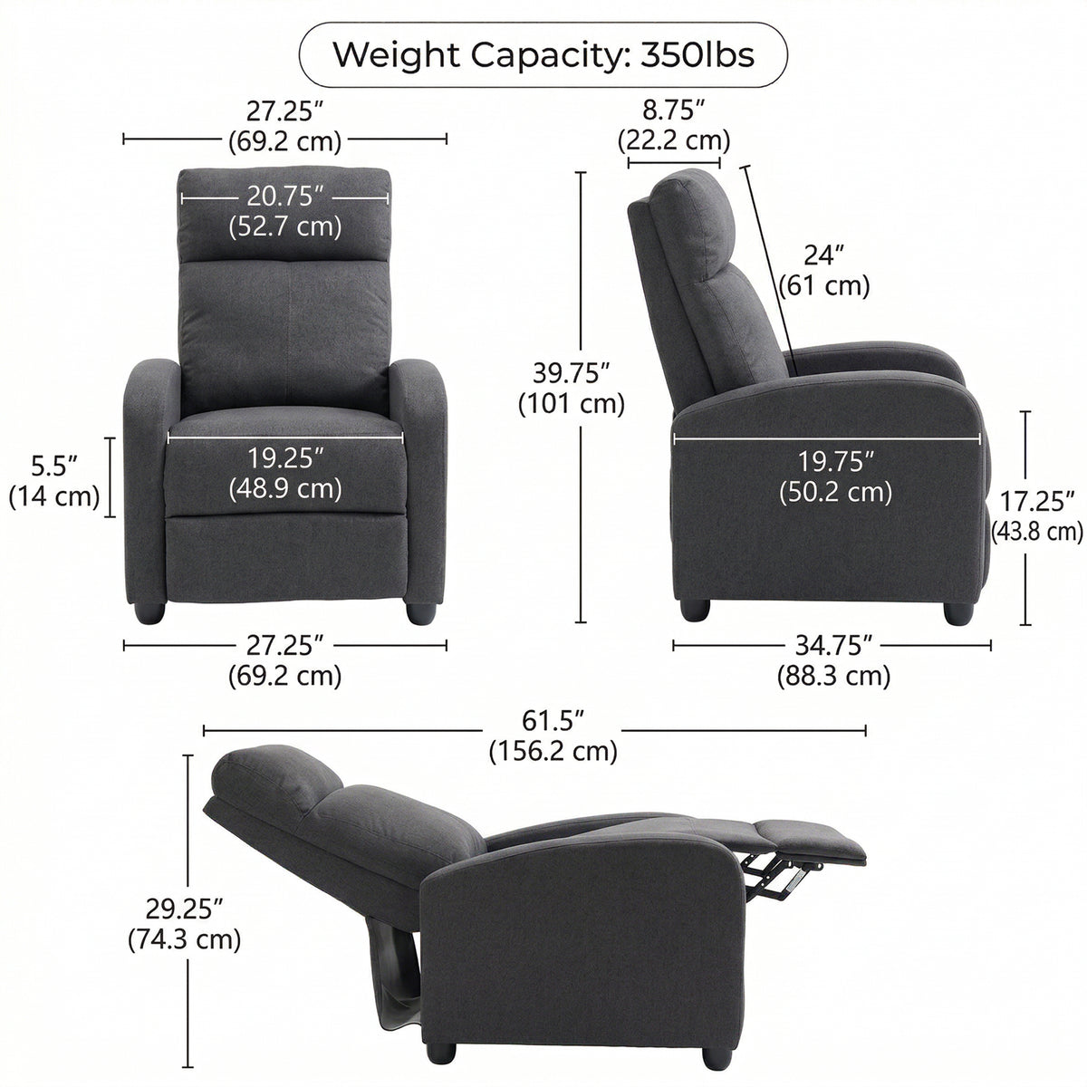 Fabric Recliner Sofa, Single Reclining Chair, Dark Grey, 135¡ Recline, Padded Seat-DECOROLALA
