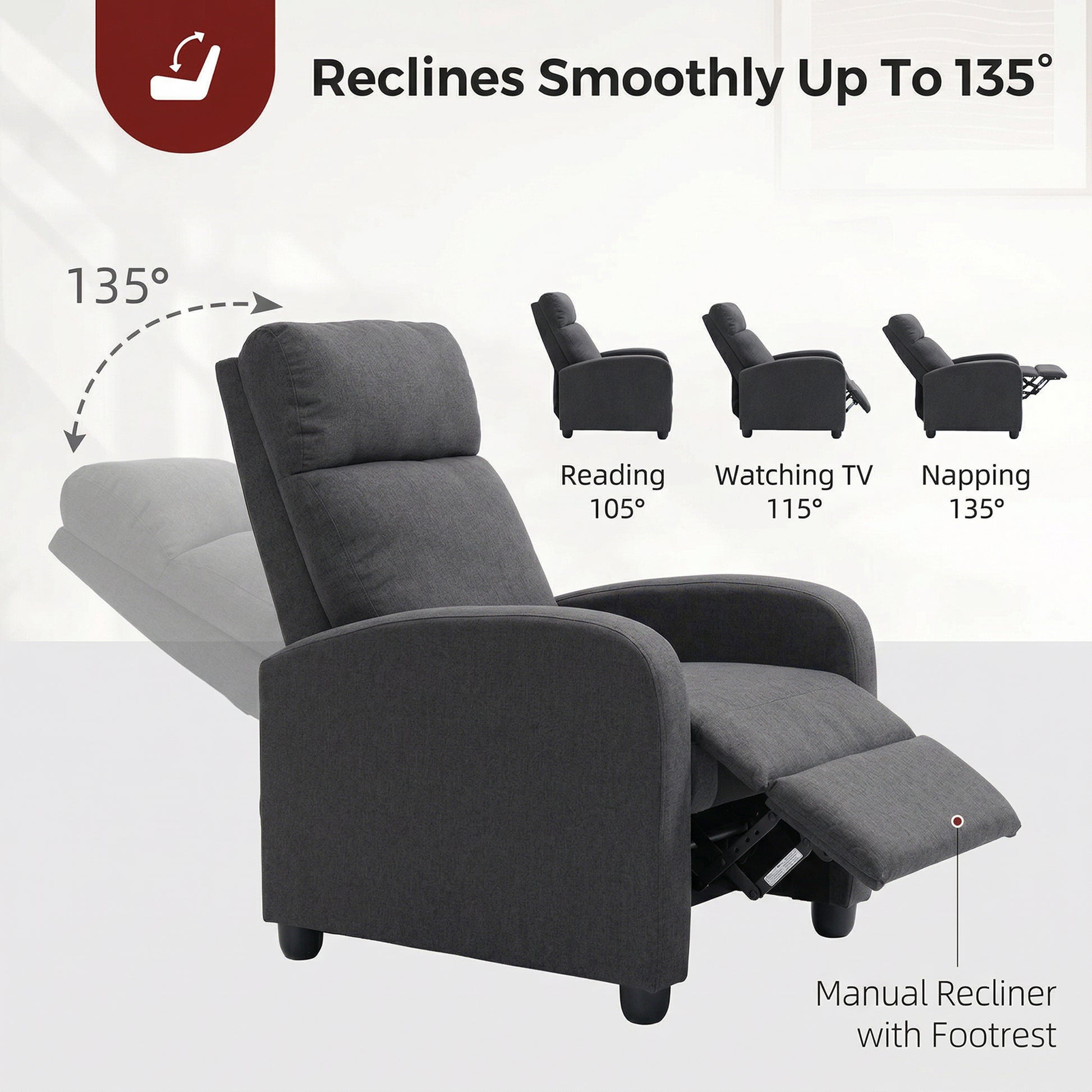 Fabric Recliner Sofa, Single Reclining Chair, Dark Grey, 135¡ Recline, Padded Seat-DECOROLALA