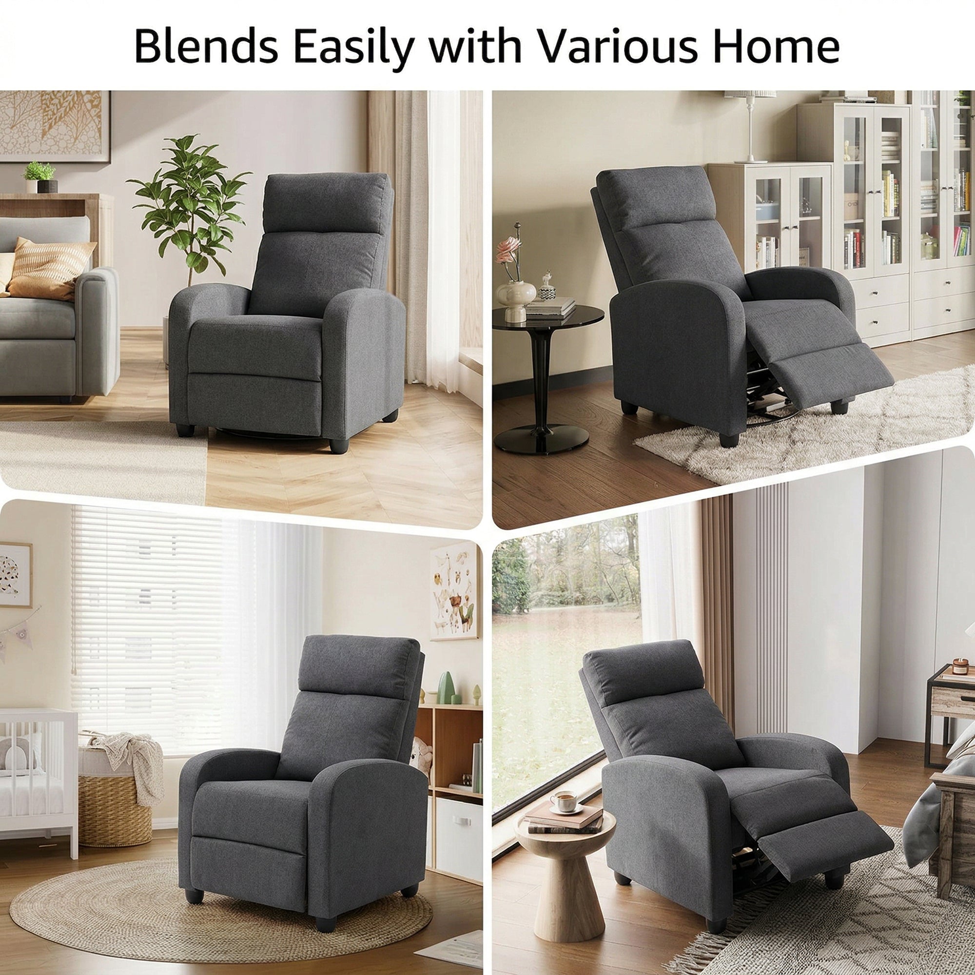 Fabric Recliner Sofa, Single Reclining Chair, Dark Grey, 135¡ Recline, Padded Seat-DECOROLALA