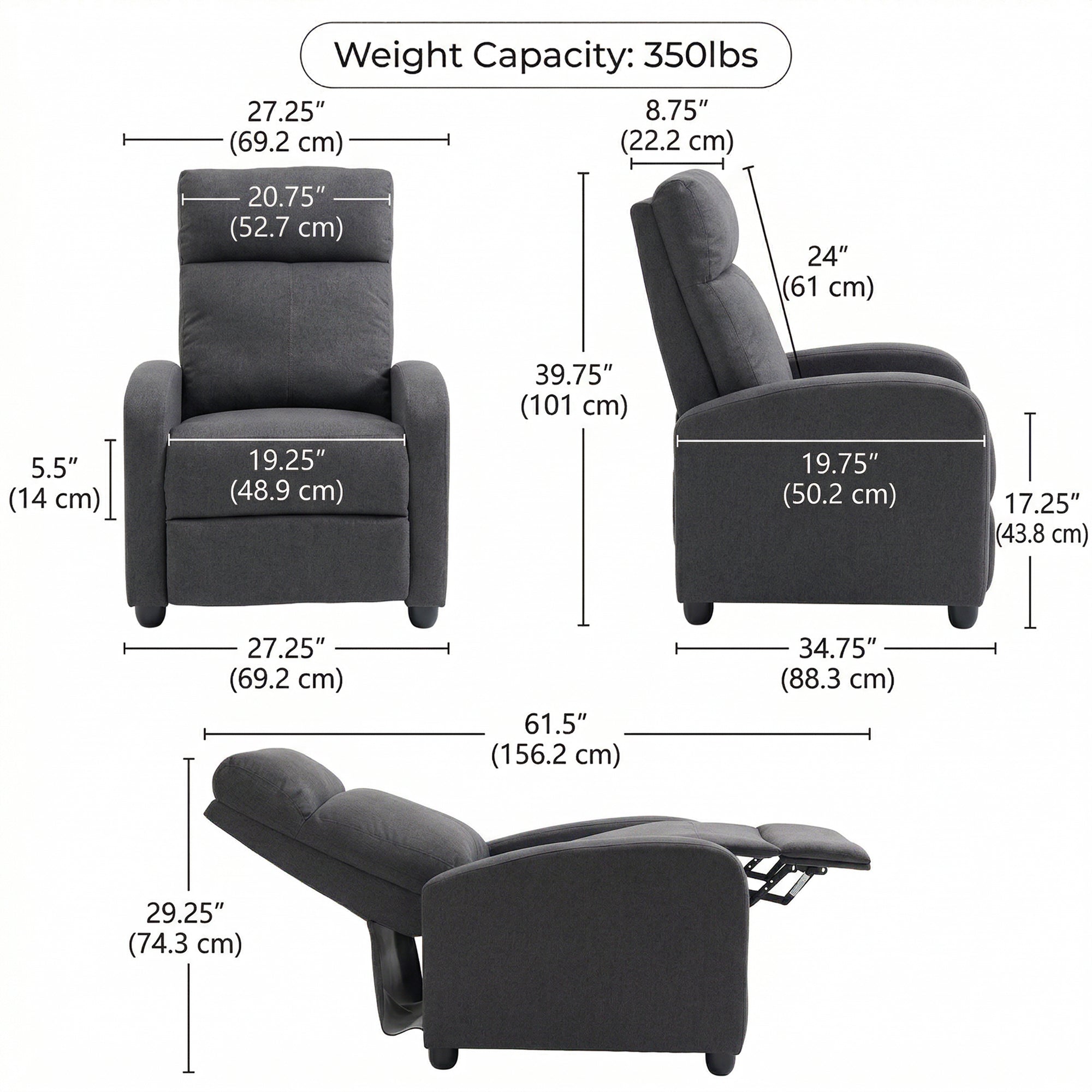 Fabric Recliner Sofa, Single Reclining Chair, Dark Grey, 135° Recline, Padded Seat-DECOROLALA