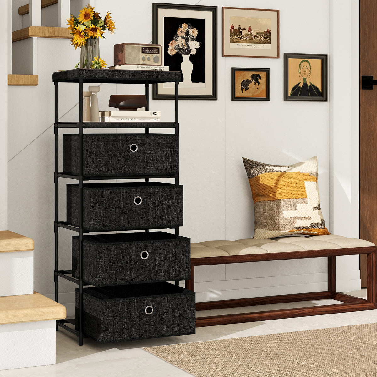 Fabric Storage Tower Dresser - Rustic Brown & Black (min order qty 2)-Dressers & Chests-DECOROLALA