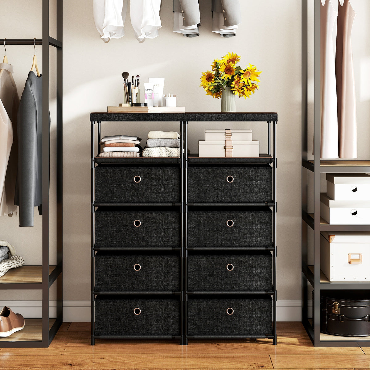 Fabric Storage Tower Dresser - Rustic Brown & Black (min order qty 2)-Dressers & Chests-DECOROLALA