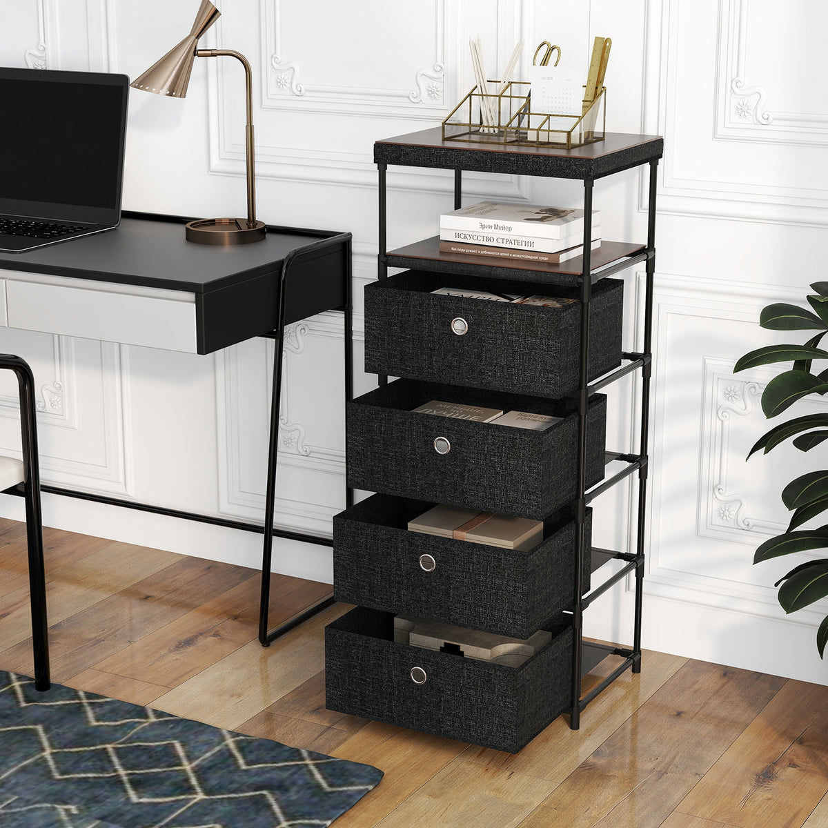 Fabric Storage Tower Dresser - Rustic Brown & Black (min order qty 2)-Dressers & Chests-DECOROLALA