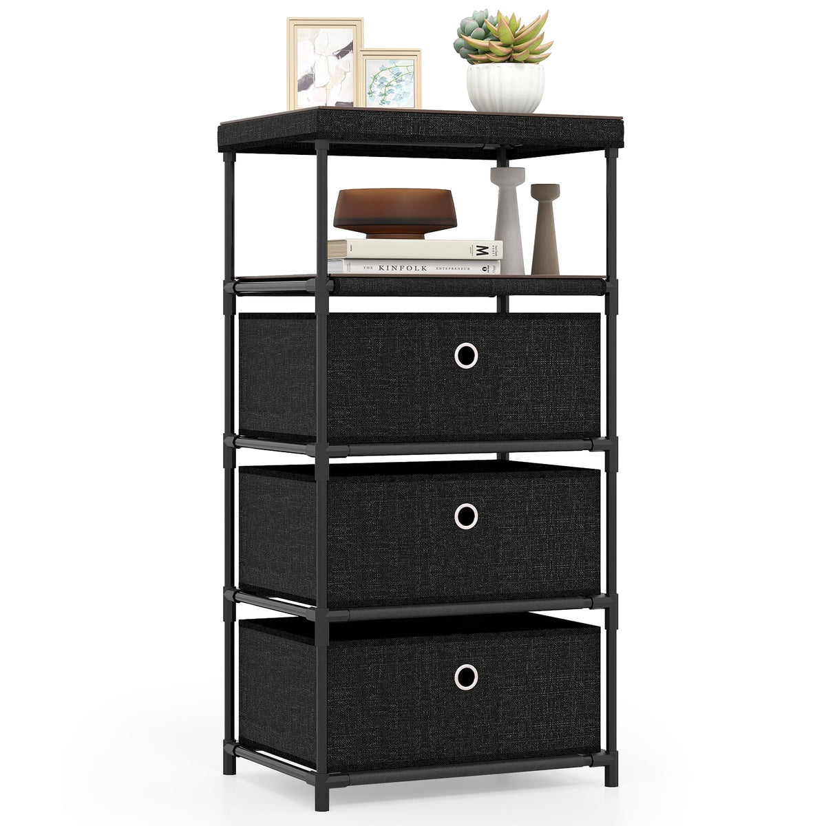 Fabric Storage Tower - Rustic Brown & Black (min order qty 2)-Dressers & Chests-DECOROLALA