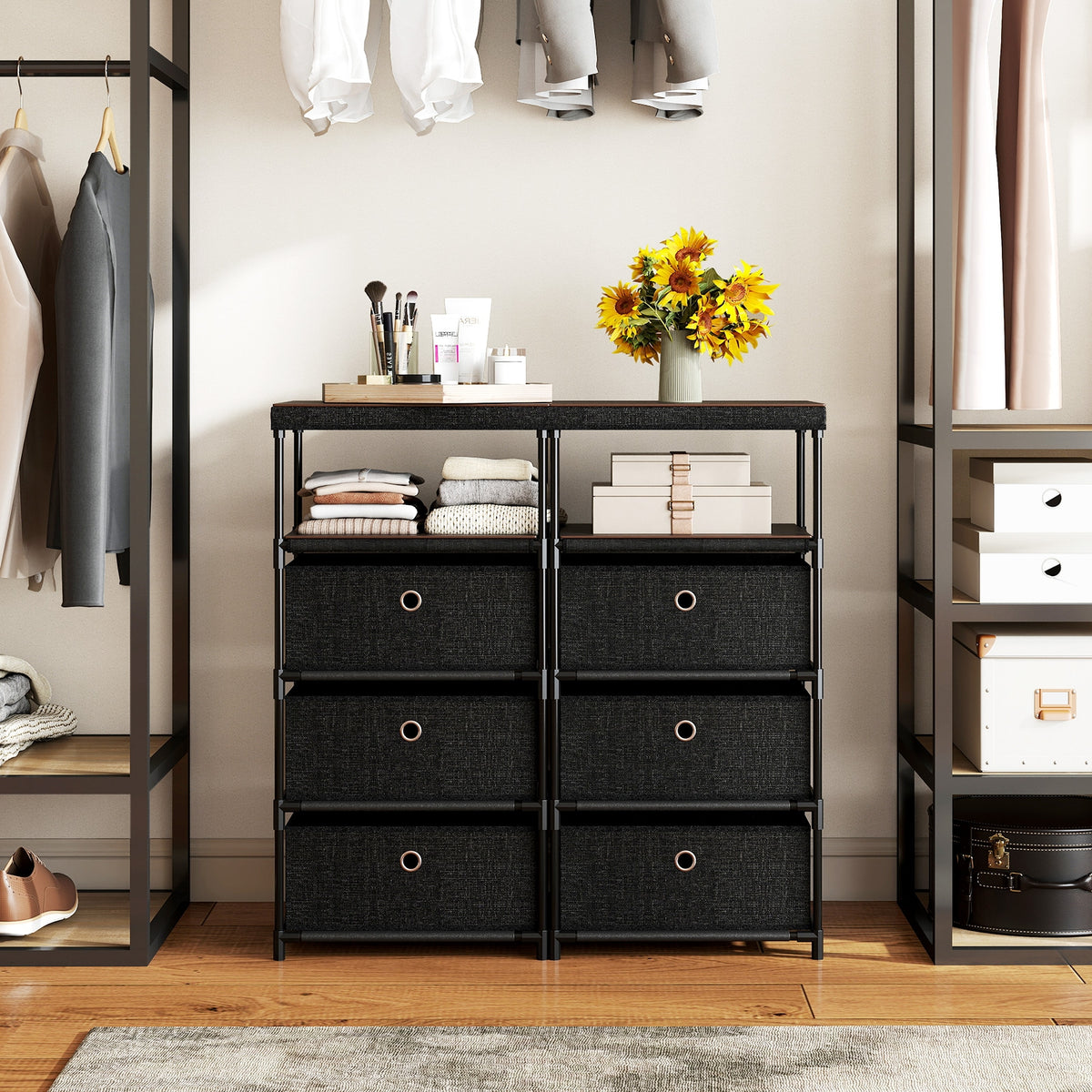 Fabric Storage Tower - Rustic Brown & Black (min order qty 2)-Dressers & Chests-DECOROLALA