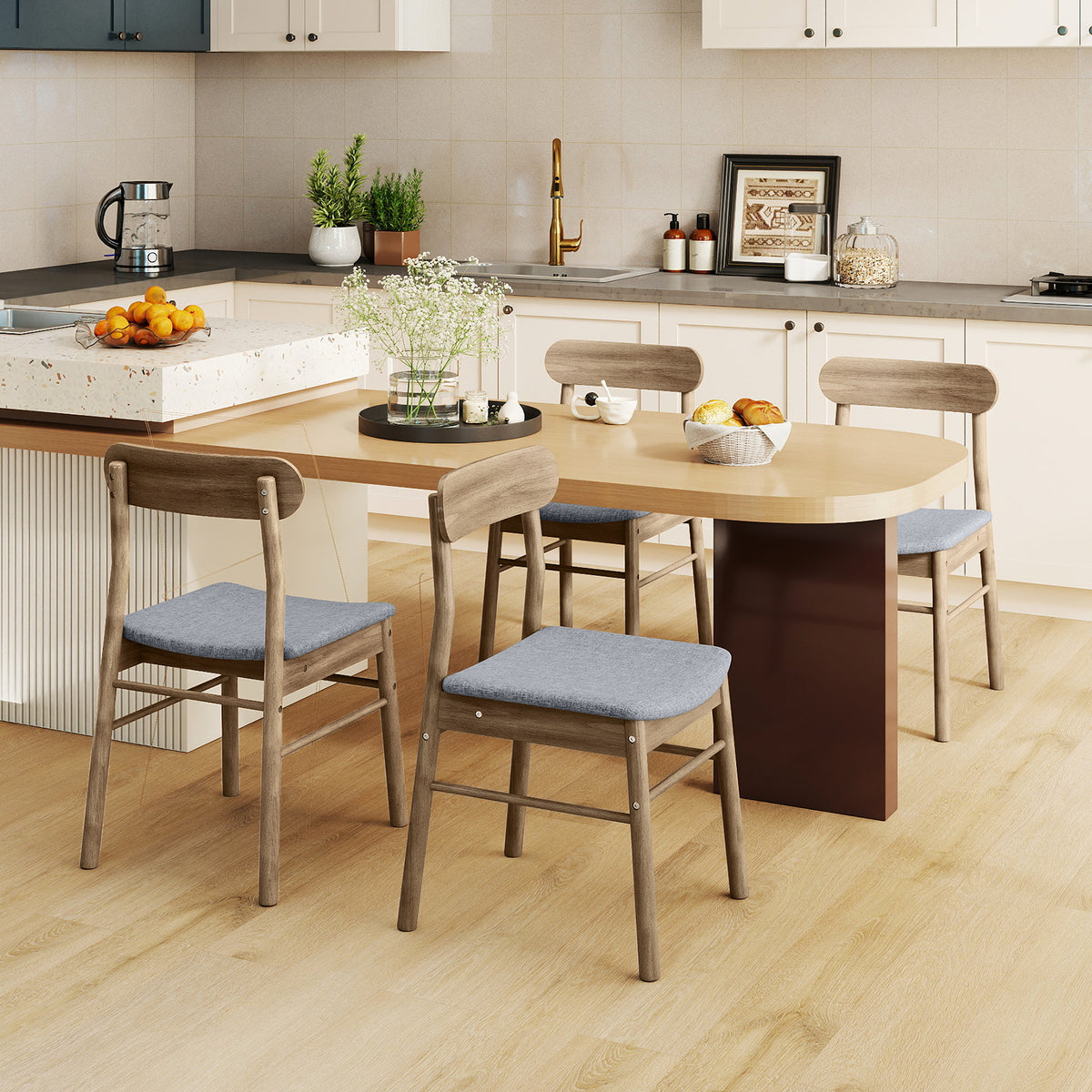 Fabric Upholstered Kitchen Armless Dining Chairs with Rubber Wood Frame Set of 2-Oak-Dining Chairs-DECOROLALA