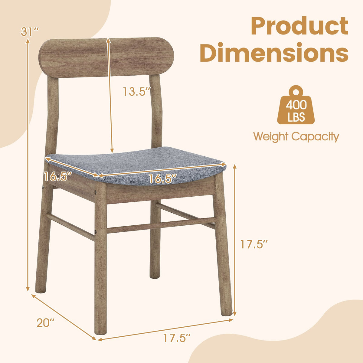 Fabric Upholstered Kitchen Armless Dining Chairs with Rubber Wood Frame Set of 2-Oak-Dining Chairs-DECOROLALA