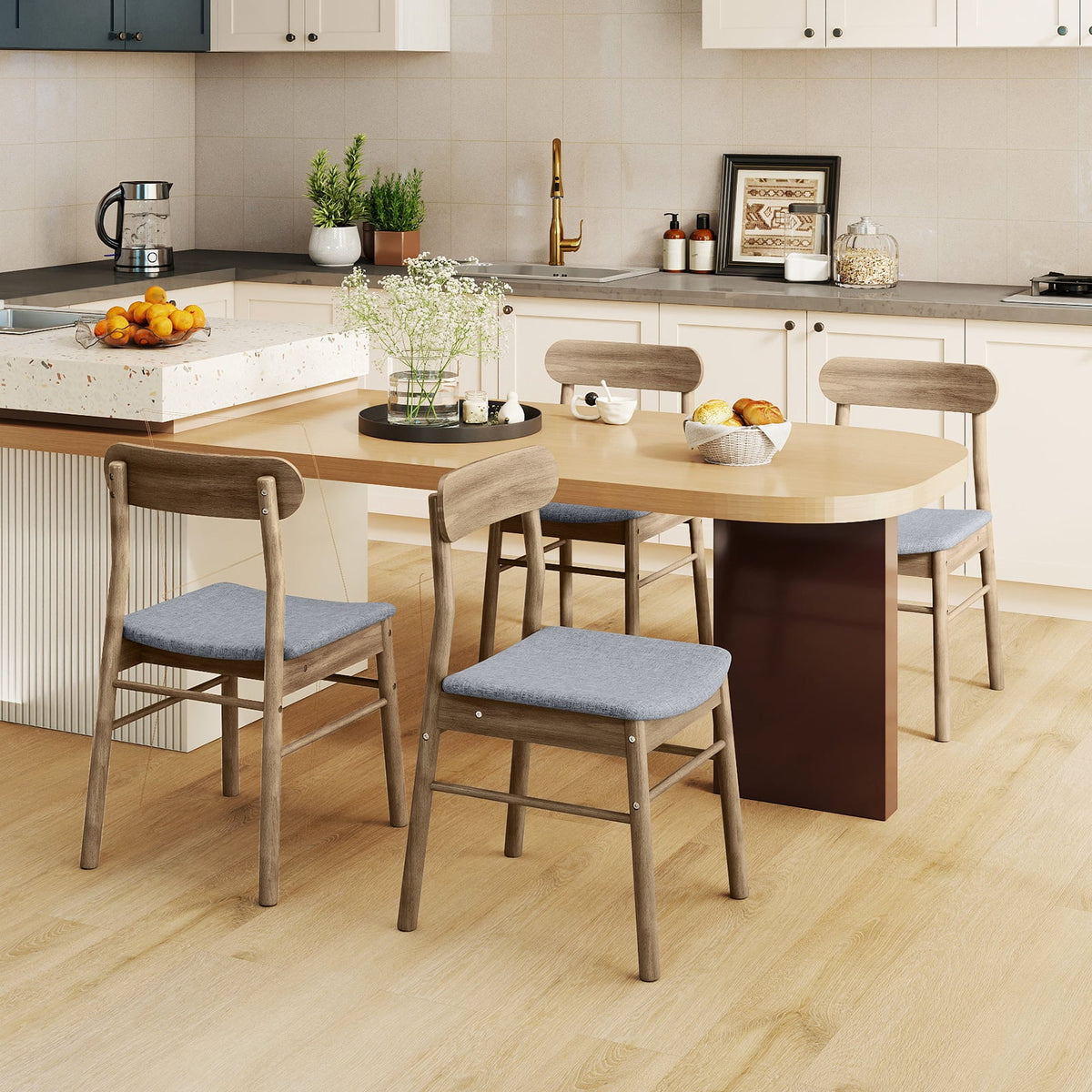 Fabric Upholstered Kitchen Armless Dining Chairs with Rubber Wood Frame Set of 4-Oak-Dining Chairs-DECOROLALA