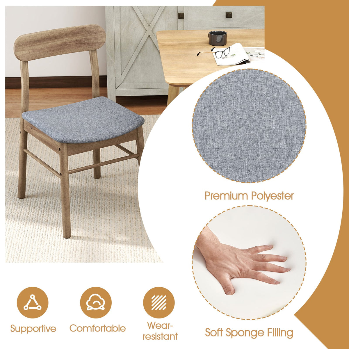 Fabric Upholstered Kitchen Armless Dining Chairs with Rubber Wood Frame Set of 4-Oak-Dining Chairs-DECOROLALA