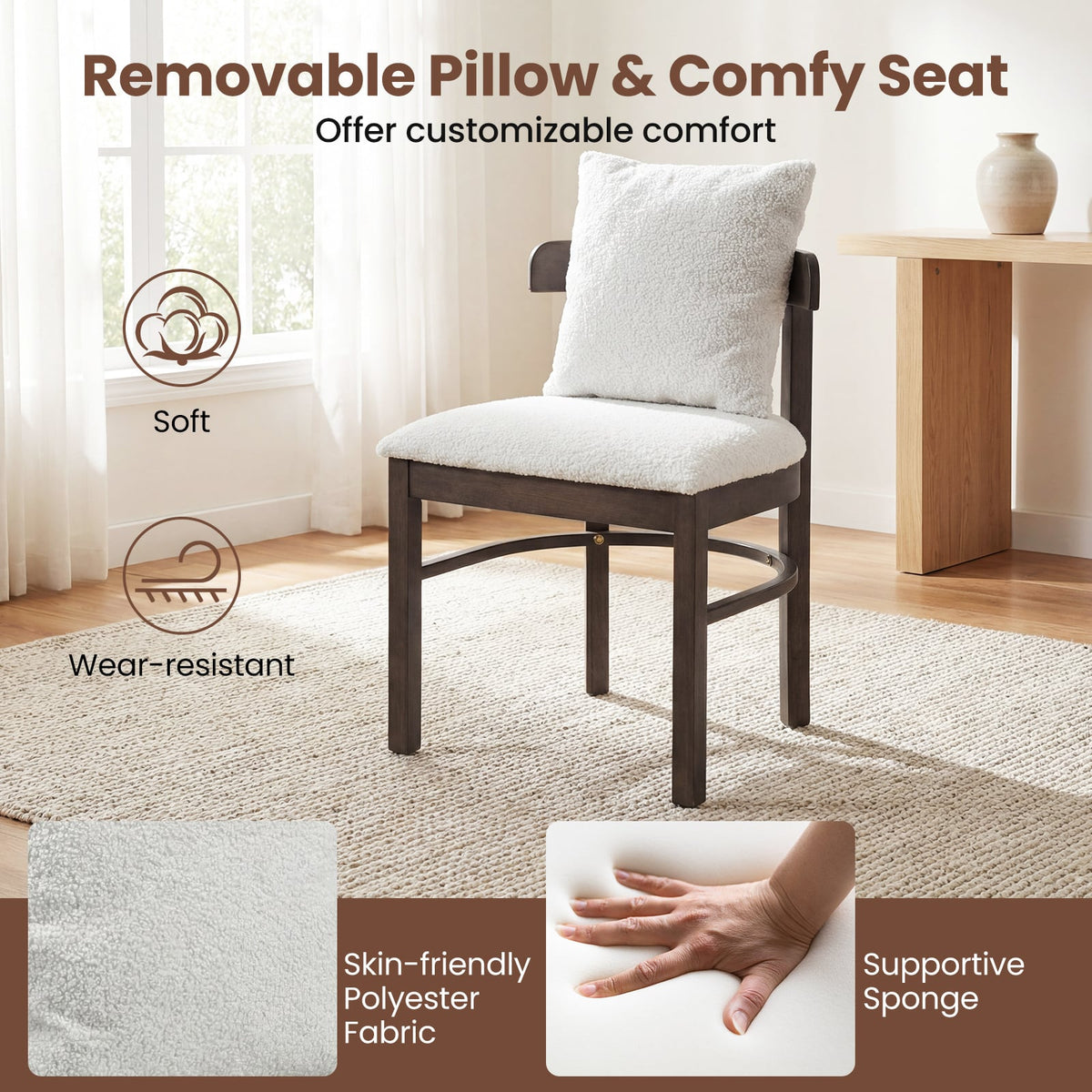 Fabric Upholstered Wood Dining Chairs Set of 4 with Removable Pillow-Gray-Dining Chairs-DECOROLALA