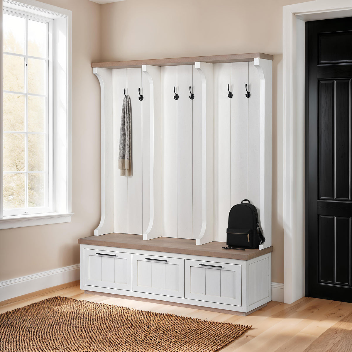 Fairview IV Hall Tree - White & Brown Wood 61" Storage-Hall Trees-DECOROLALA