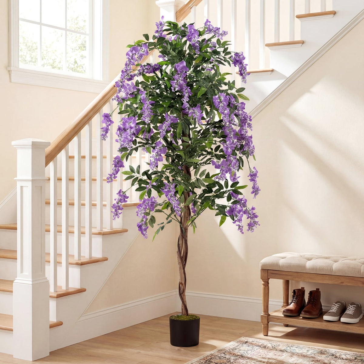 Fake Ficus Plant 6 FT Artificial Wisteria Tree with Natural Trunks and Purple Lifelike Flowers-Artificial Plants-DECOROLALA