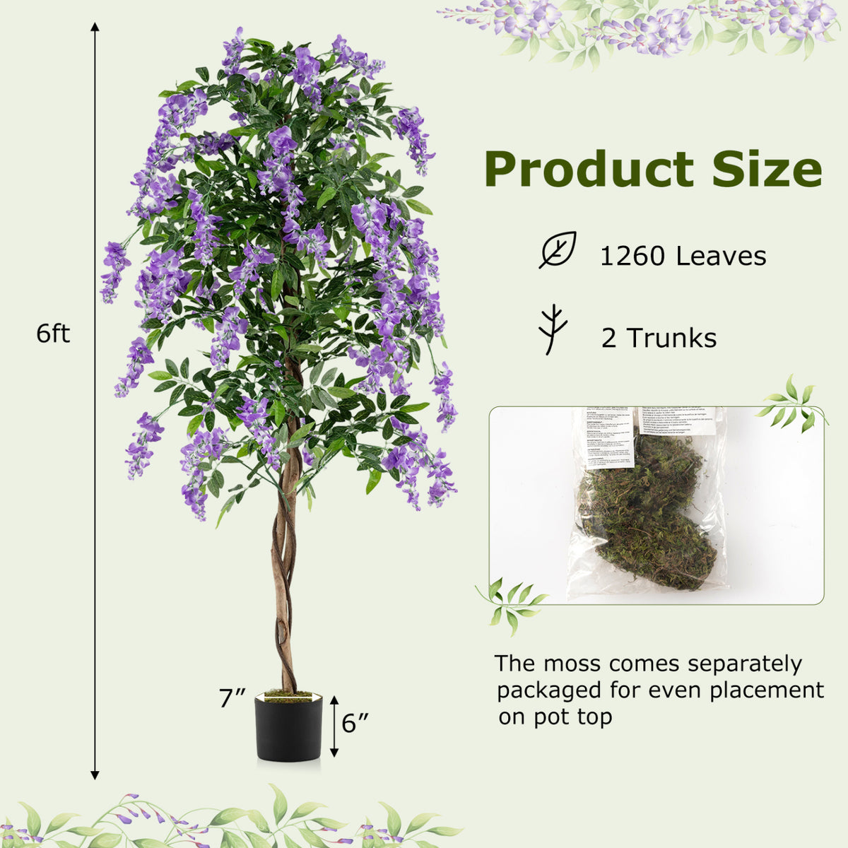 Fake Ficus Plant 6 FT Artificial Wisteria Tree with Natural Trunks and Purple Lifelike Flowers-Artificial Plants-DECOROLALA