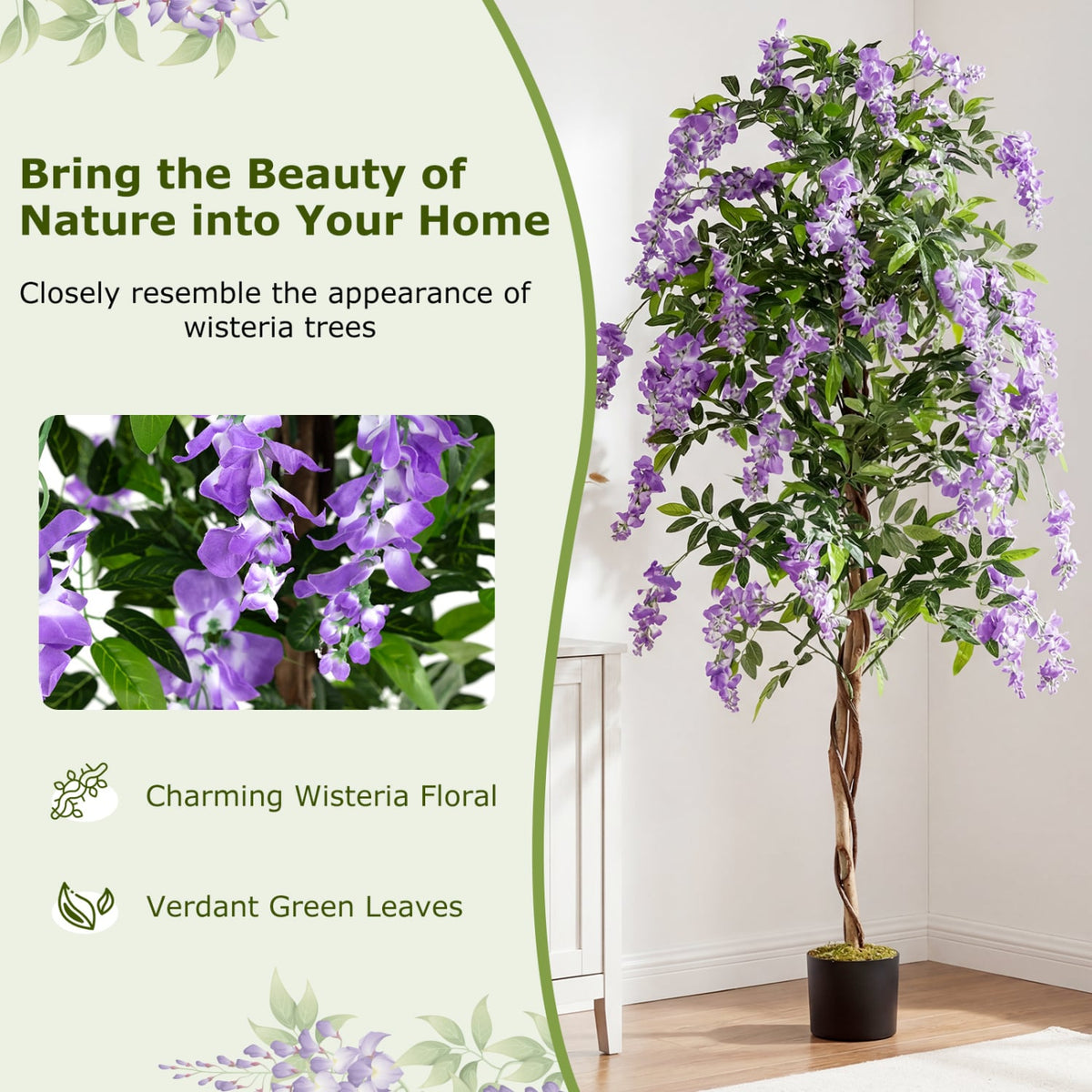 Fake Ficus Plant 6 FT Artificial Wisteria Tree with Natural Trunks and Purple Lifelike Flowers-Artificial Plants-DECOROLALA
