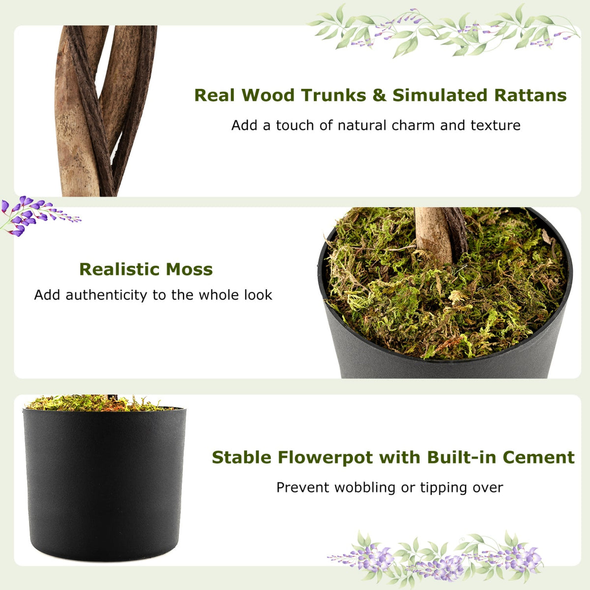 Fake Ficus Plant 6 FT Artificial Wisteria Tree with Natural Trunks and Purple Lifelike Flowers-Artificial Plants-DECOROLALA