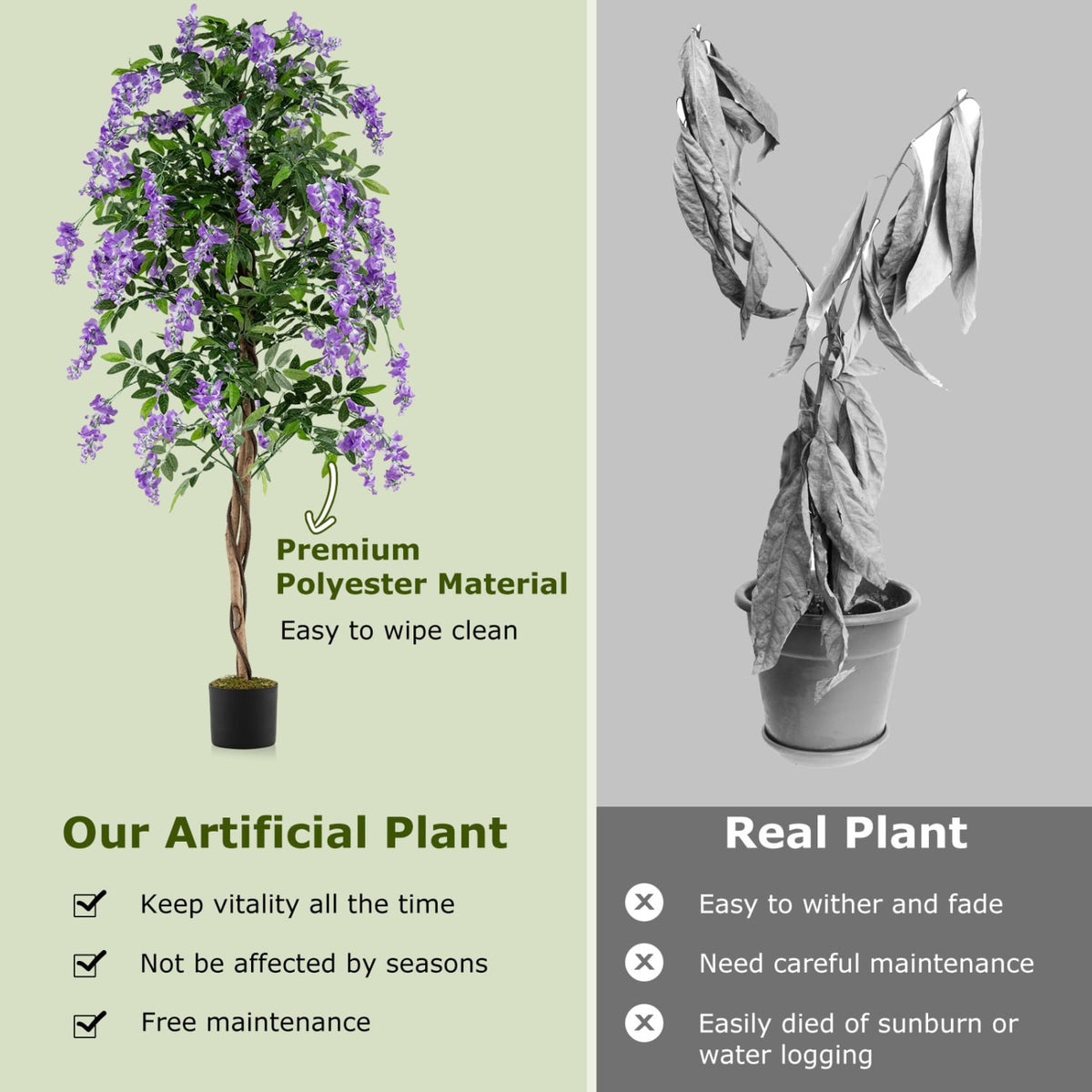 Fake Ficus Plant 6 FT Artificial Wisteria Tree with Natural Trunks and Purple Lifelike Flowers-Artificial Plants-DECOROLALA