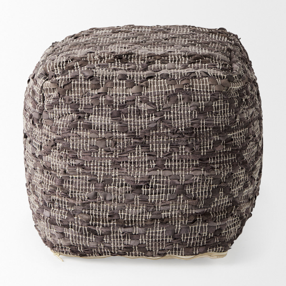 Falguni 16.0L x 16.0W x 16.0H Gray Leather and Cotton Patterned Pouf-Poufs-DECOROLALA