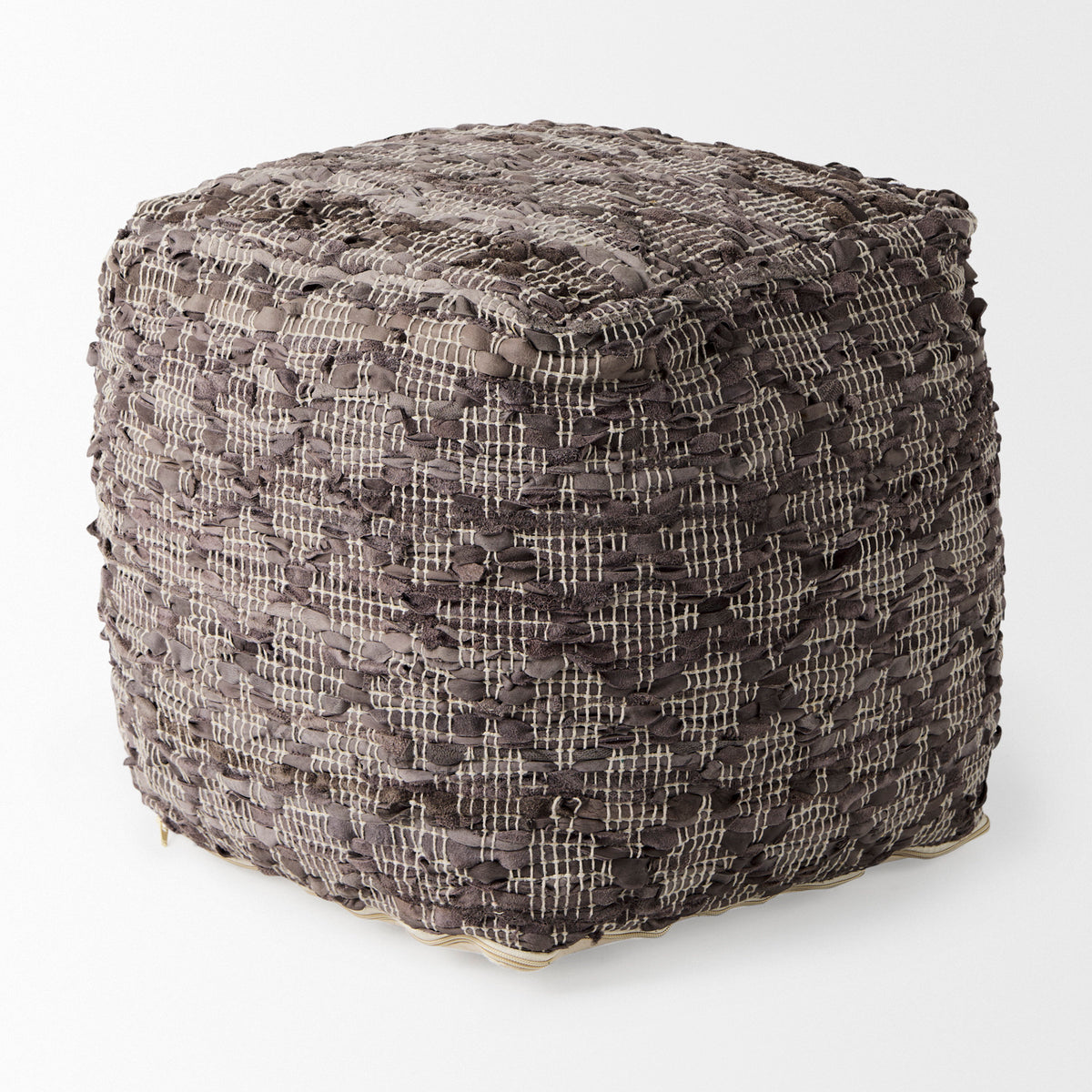 Falguni 16.0L x 16.0W x 16.0H Gray Leather and Cotton Patterned Pouf-Poufs-DECOROLALA