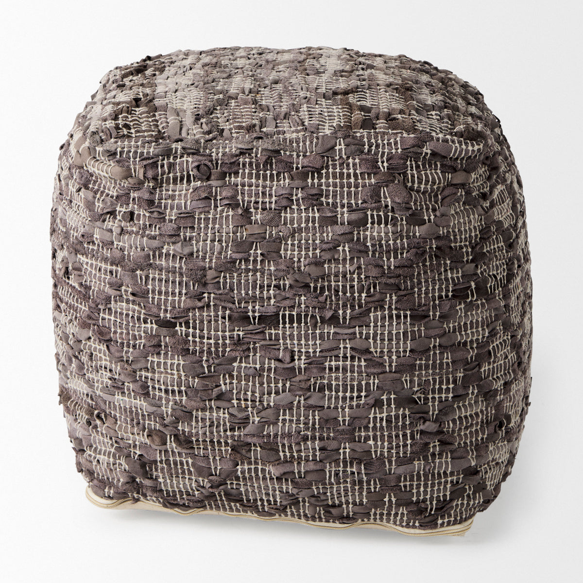 Falguni 16.0L x 16.0W x 16.0H Gray Leather and Cotton Patterned Pouf-Poufs-DECOROLALA