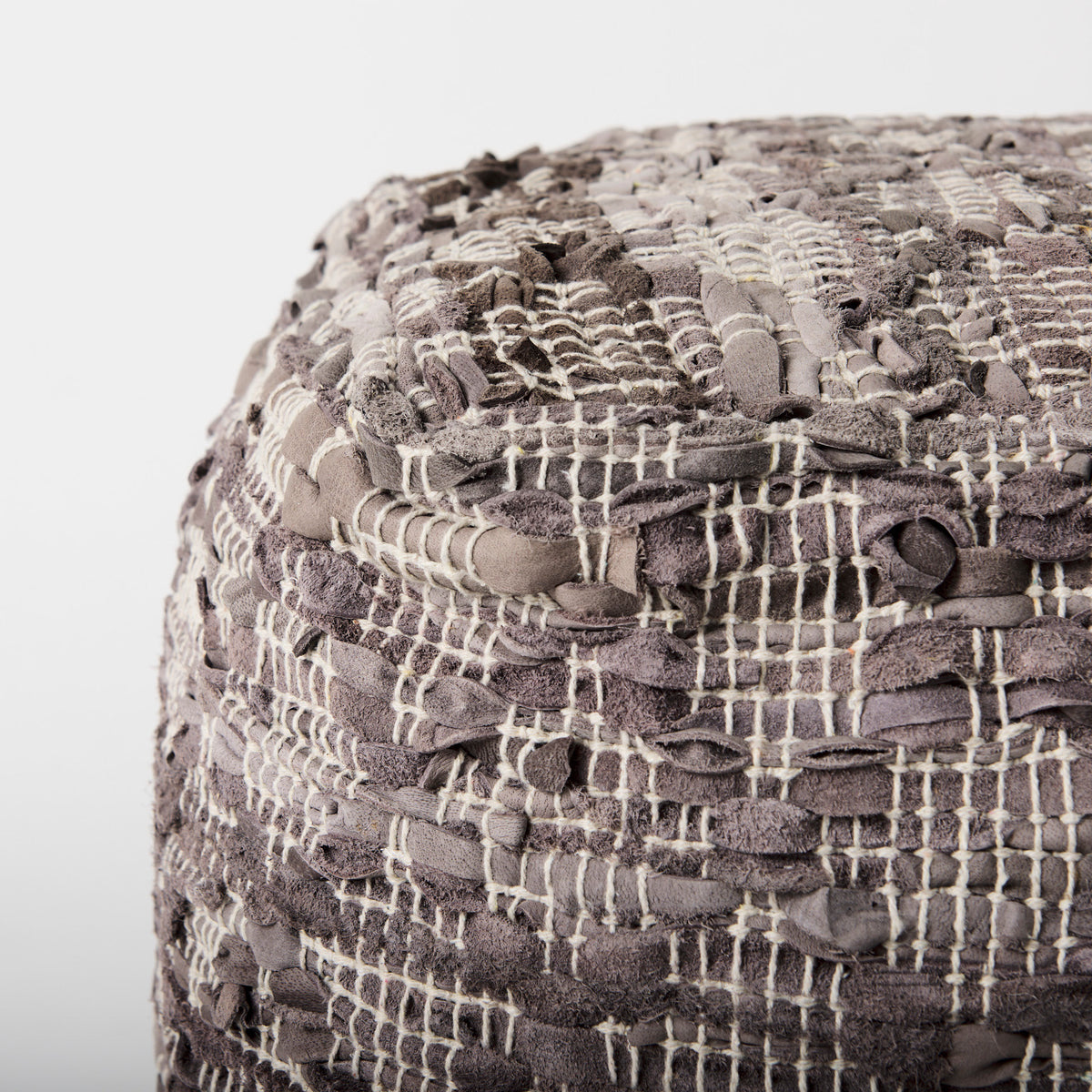 Falguni 16.0L x 16.0W x 16.0H Gray Leather and Cotton Patterned Pouf-Poufs-DECOROLALA