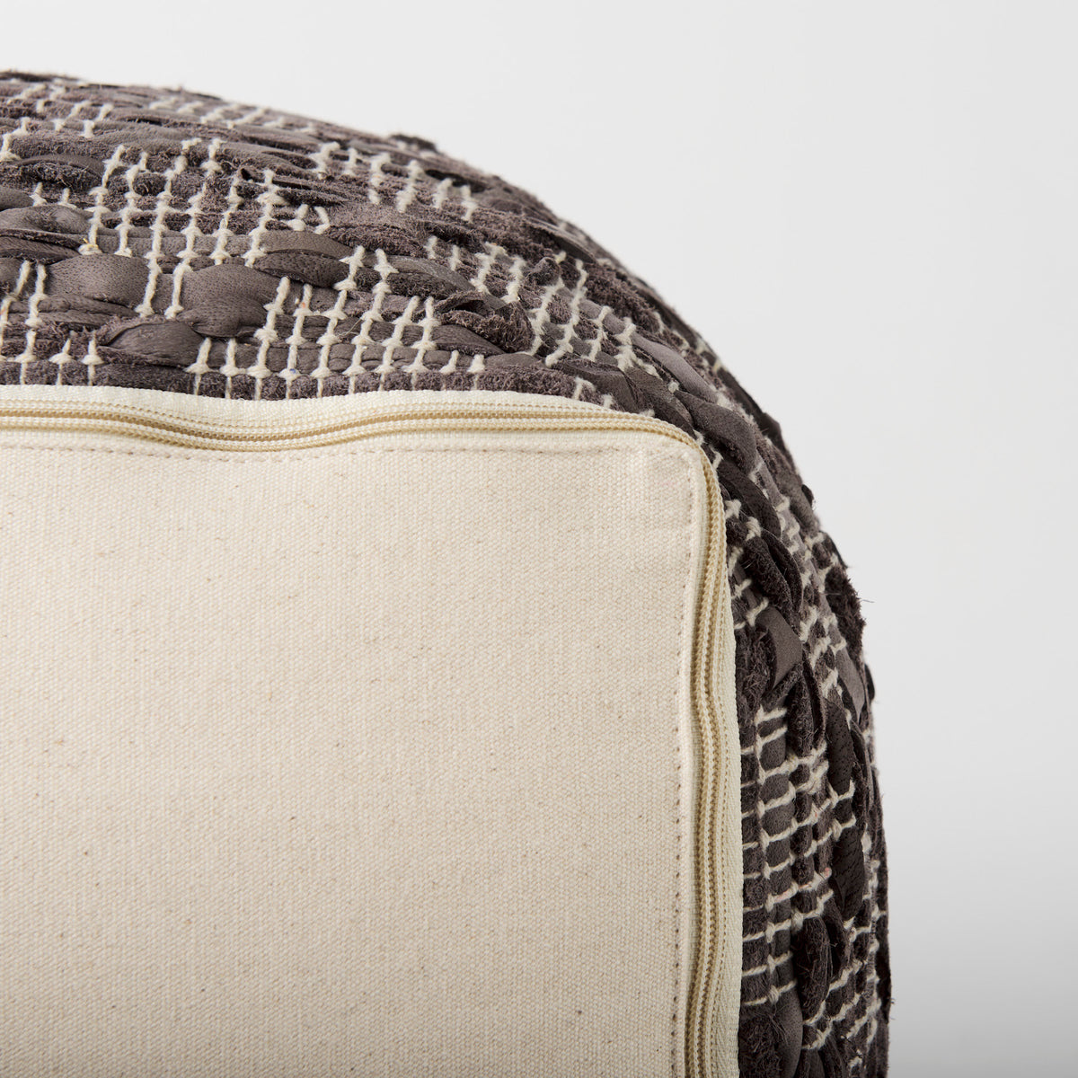 Falguni 16.0L x 16.0W x 16.0H Gray Leather and Cotton Patterned Pouf-Poufs-DECOROLALA