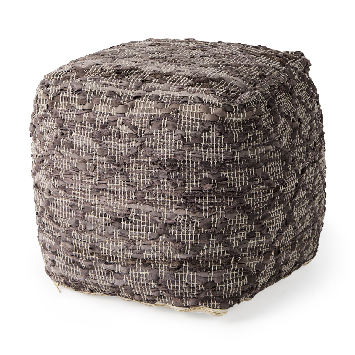 Falguni Gray Leather and Cotton Patterned Pouf-Poufs-DECOROLALA