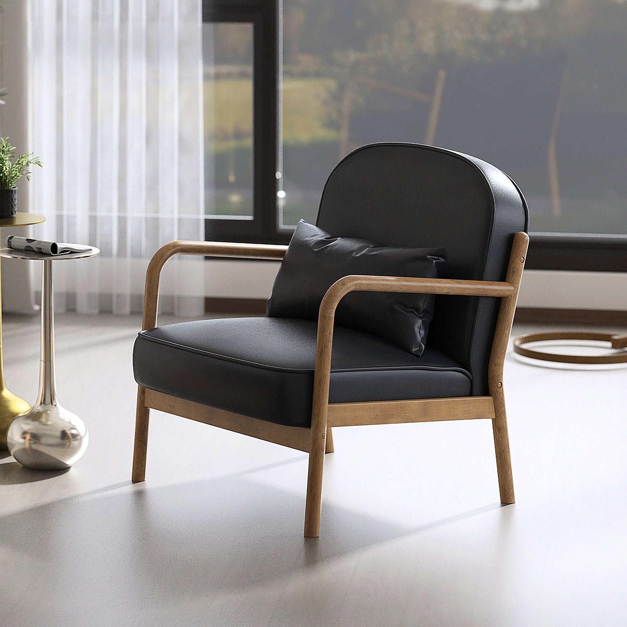 Fani Accent Chair - Black PU Leather Walnut Wood Frame-DECOROLALA