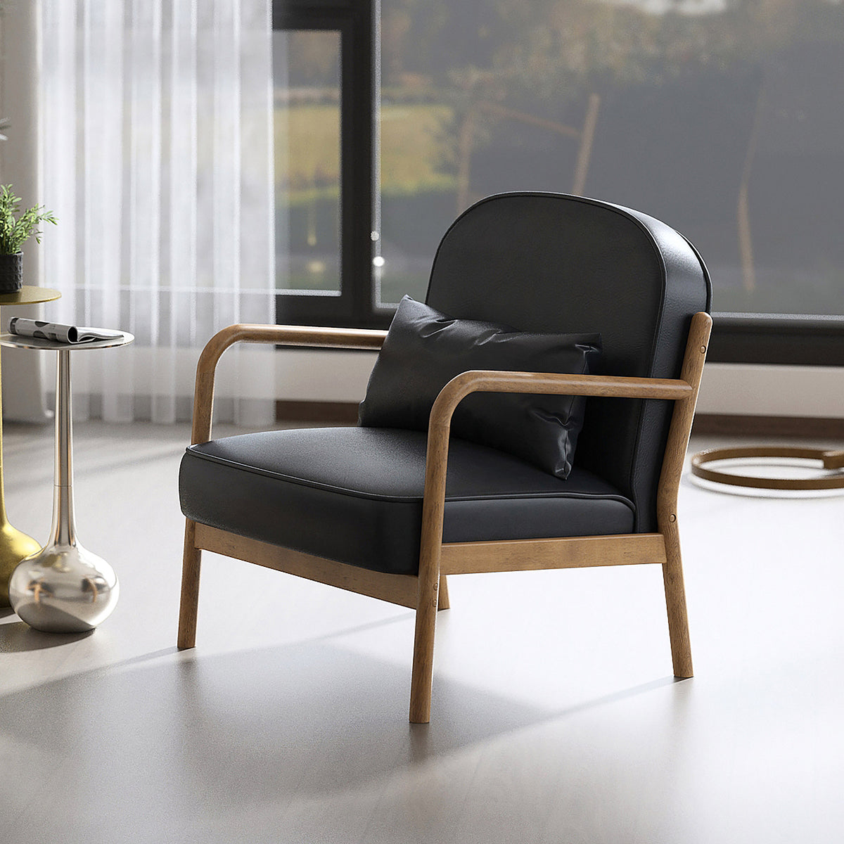 Fani Accent Chair - Black PU Leather Walnut Wood Frame-DECOROLALA