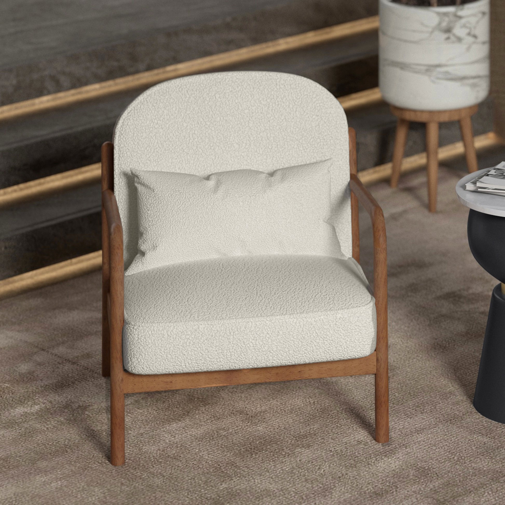 Fani Accent Chair - White Fabric Solid Wood Walnut Finish-DECOROLALA