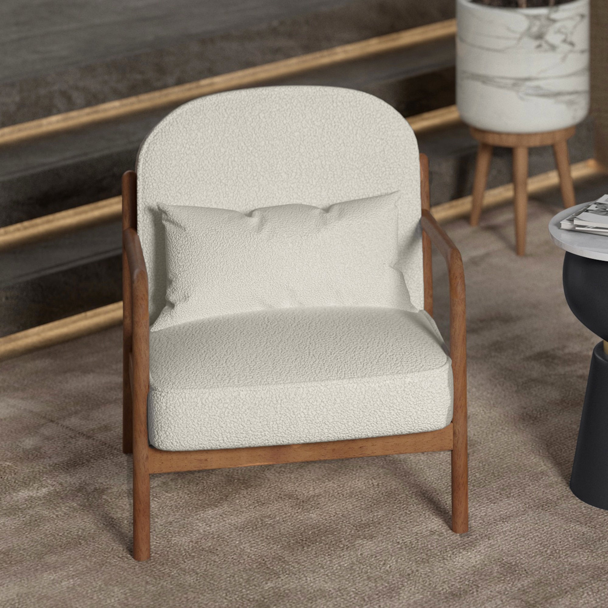 Fani Accent Chair - White Fabric Solid Wood Walnut Finish-DECOROLALA
