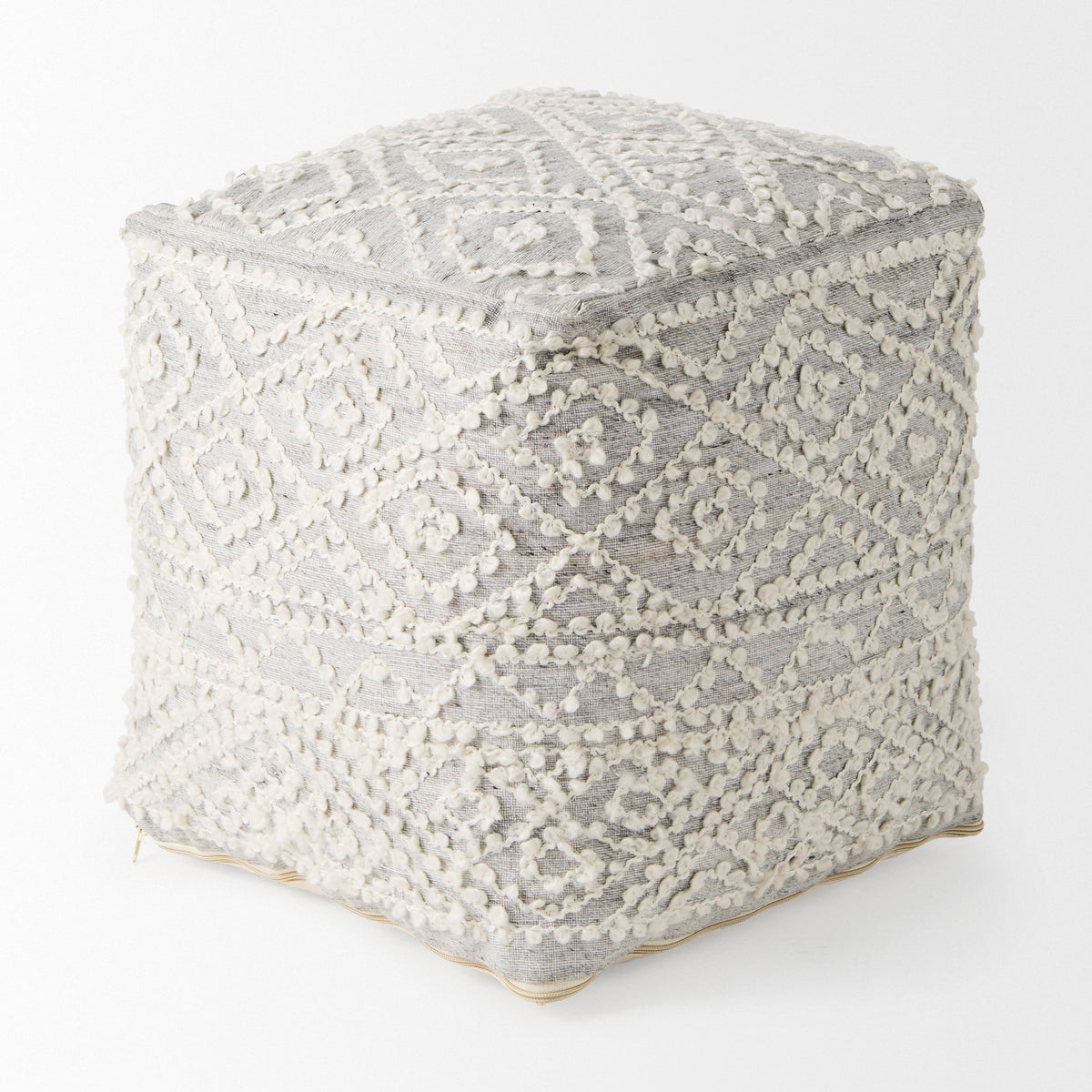 Farida 6.0L x 16.0W x 16.0H Light Gray Wool and Polyester Patterned Pouf-Poufs-DECOROLALA