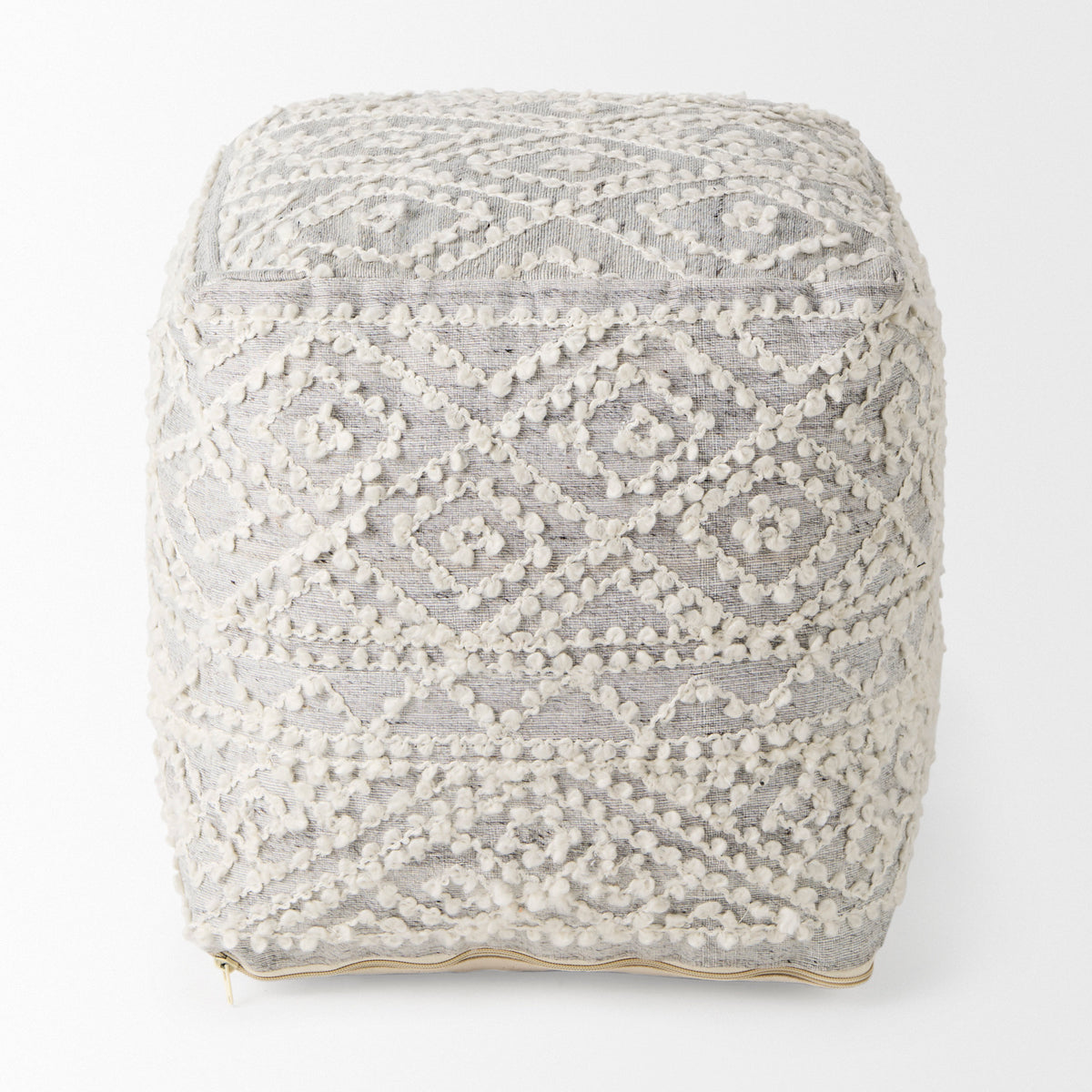 Farida 6.0L x 16.0W x 16.0H Light Gray Wool and Polyester Patterned Pouf-Poufs-DECOROLALA