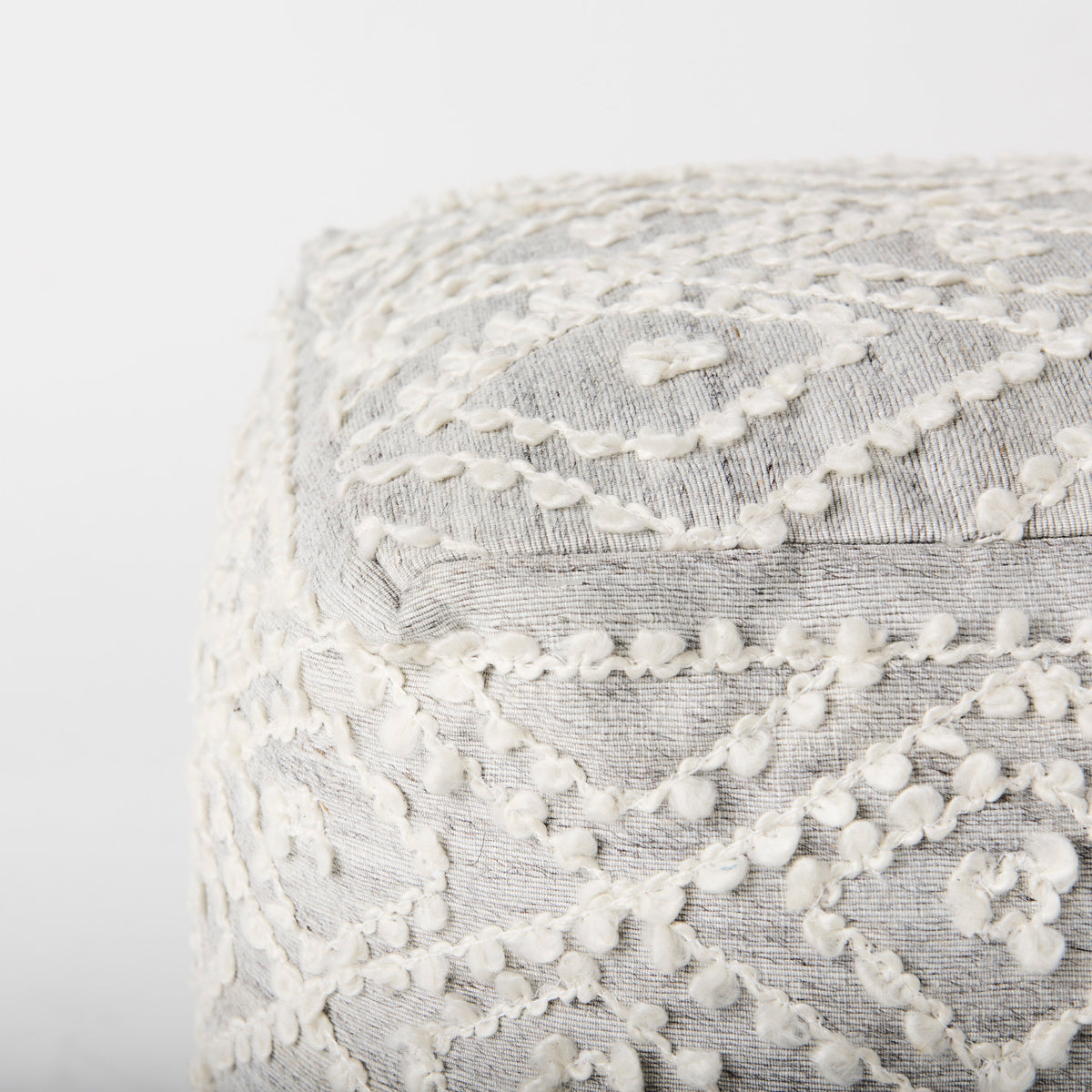 Farida 6.0L x 16.0W x 16.0H Light Gray Wool and Polyester Patterned Pouf-Poufs-DECOROLALA