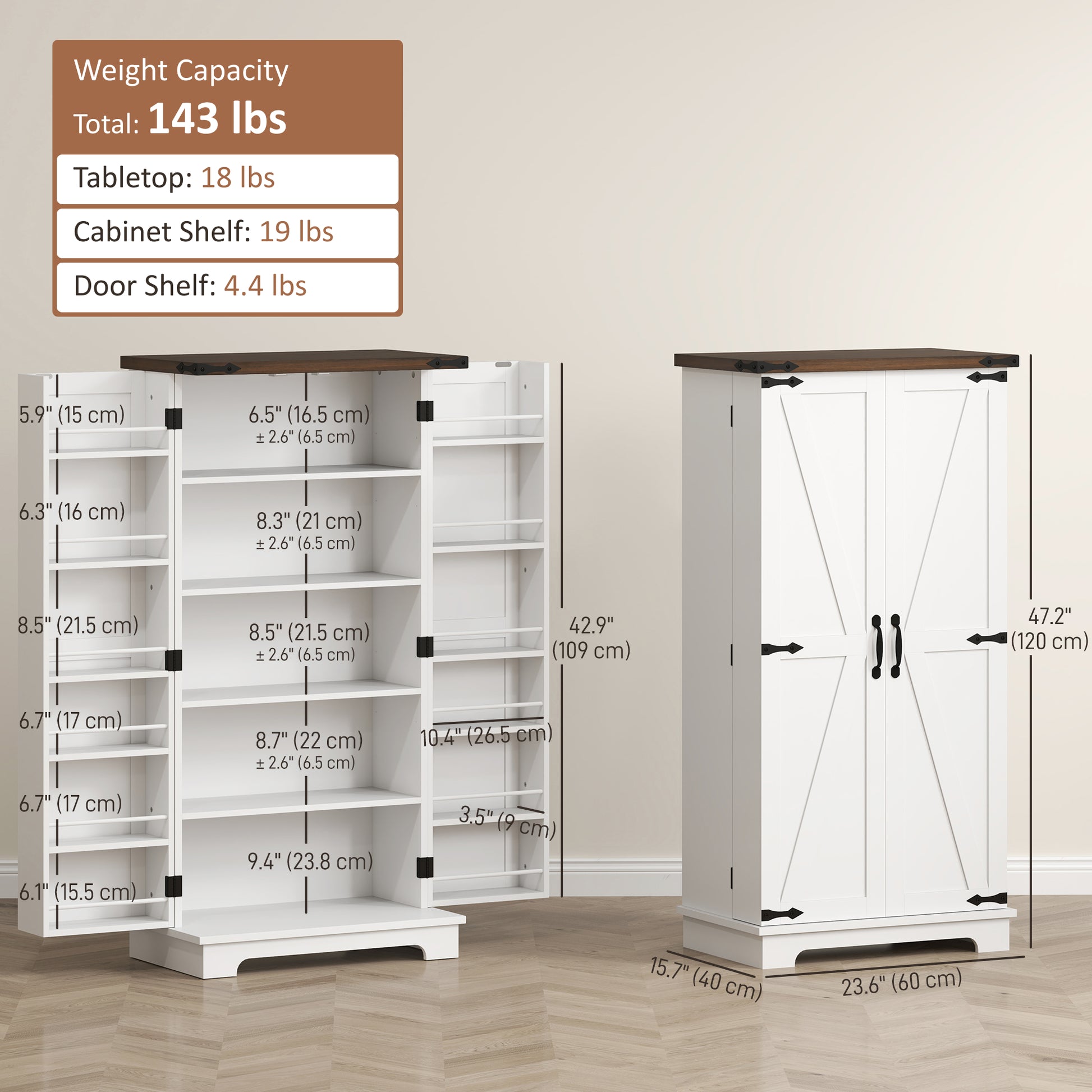 Farmhouse 47" Pantry Storage Cabinet - White, Adjustable Shelves-DECOROLALA
