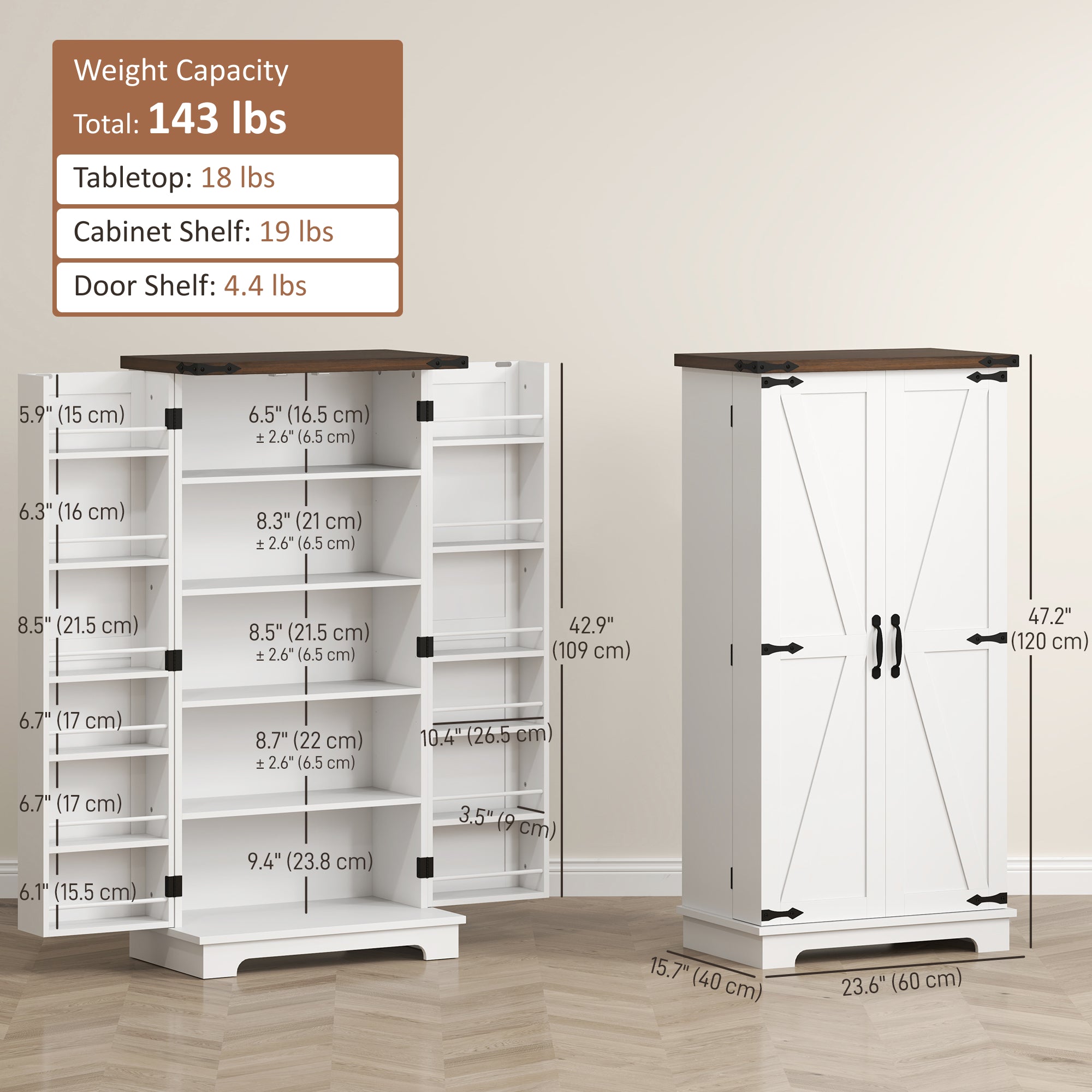 Farmhouse 47" Pantry Storage Cabinet - White, Adjustable Shelves-DECOROLALA