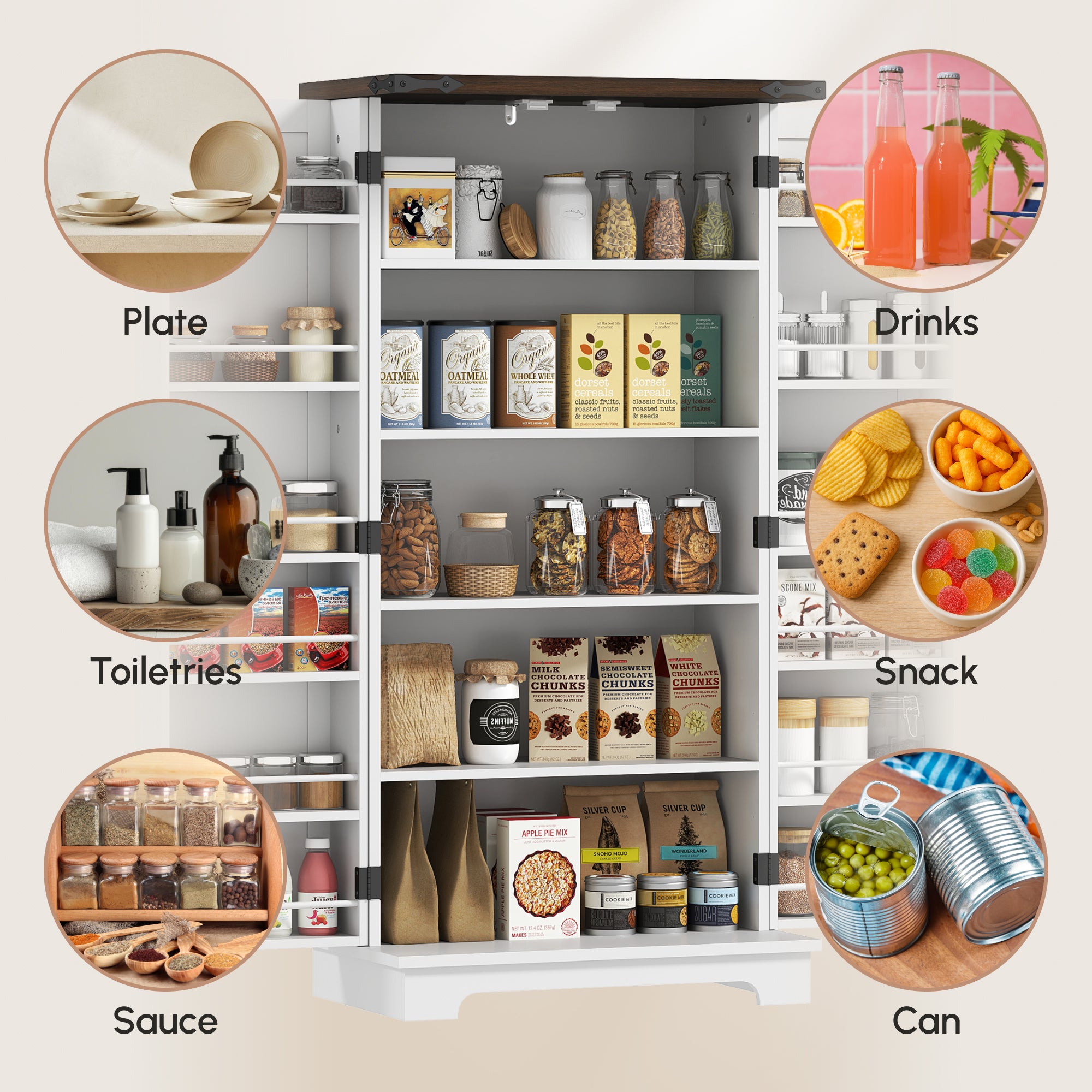 Farmhouse 47" Pantry Storage Cabinet - White, Adjustable Shelves-DECOROLALA