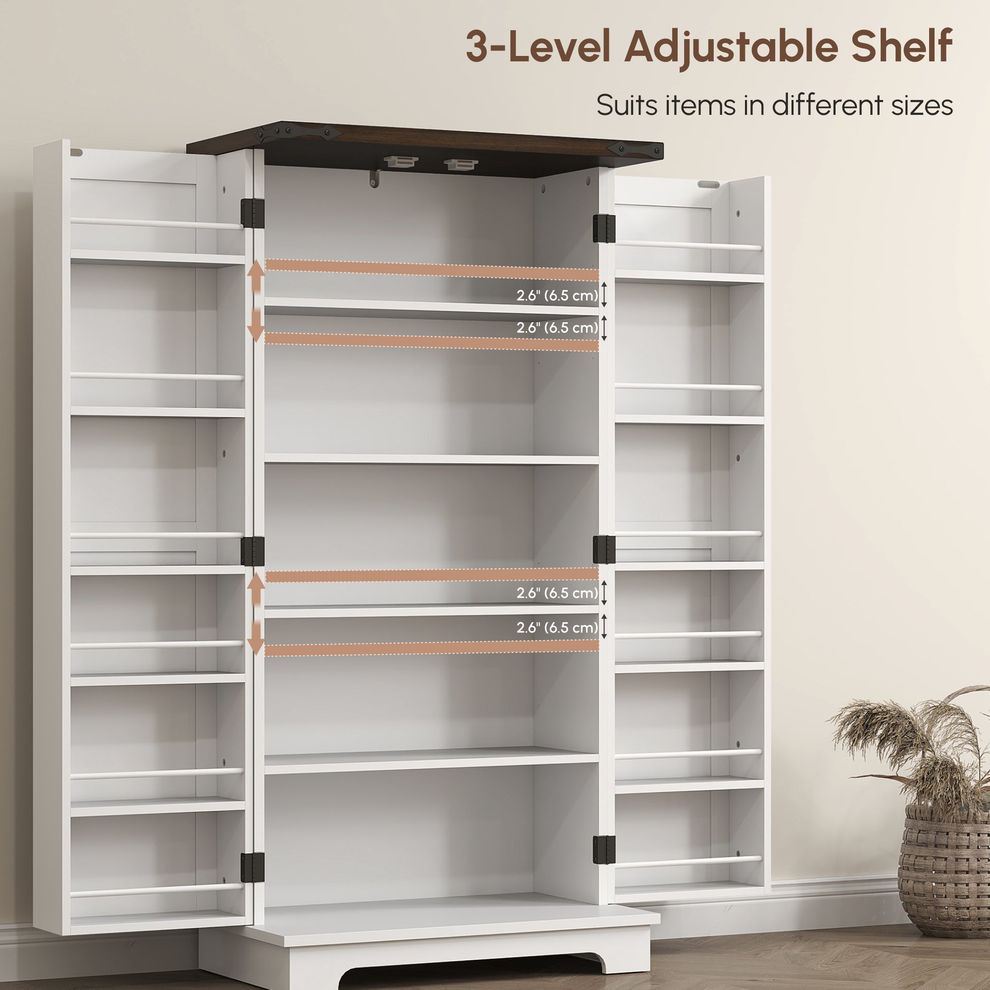 Farmhouse 47" Pantry Storage Cabinet - White, Adjustable Shelves-DECOROLALA