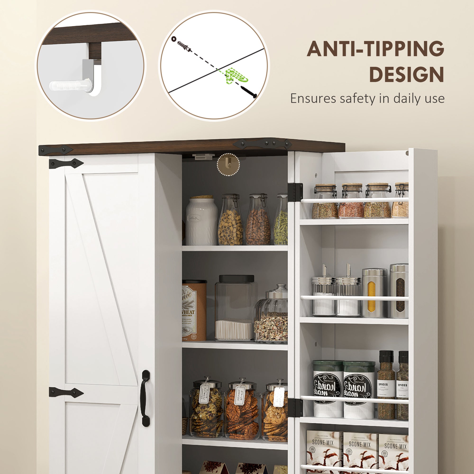 Farmhouse 47" Pantry Storage Cabinet - White, Adjustable Shelves-DECOROLALA