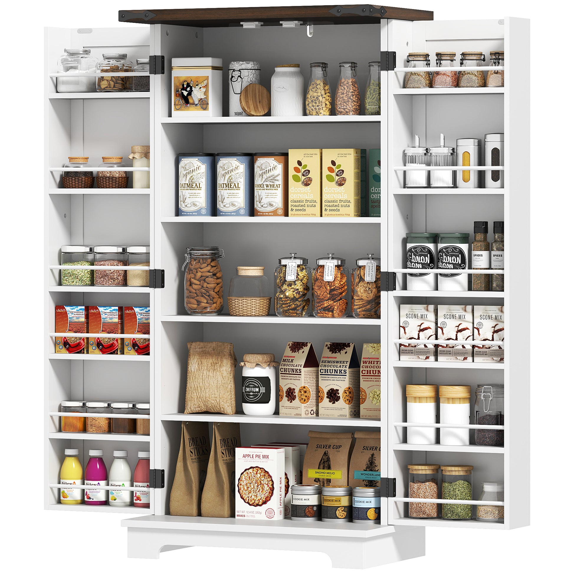 Farmhouse 47" Pantry Storage Cabinet - White, Adjustable Shelves-DECOROLALA