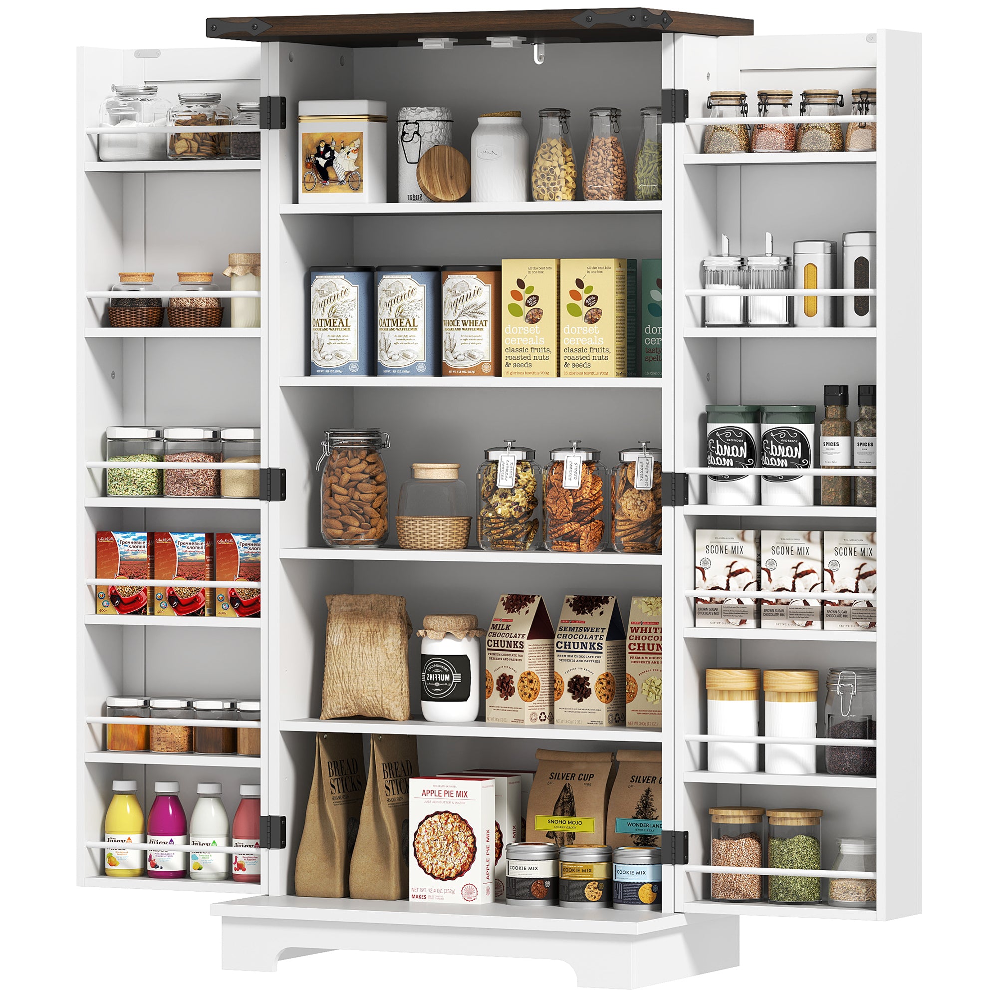 Farmhouse 47" Pantry Storage Cabinet - White, Adjustable Shelves-DECOROLALA