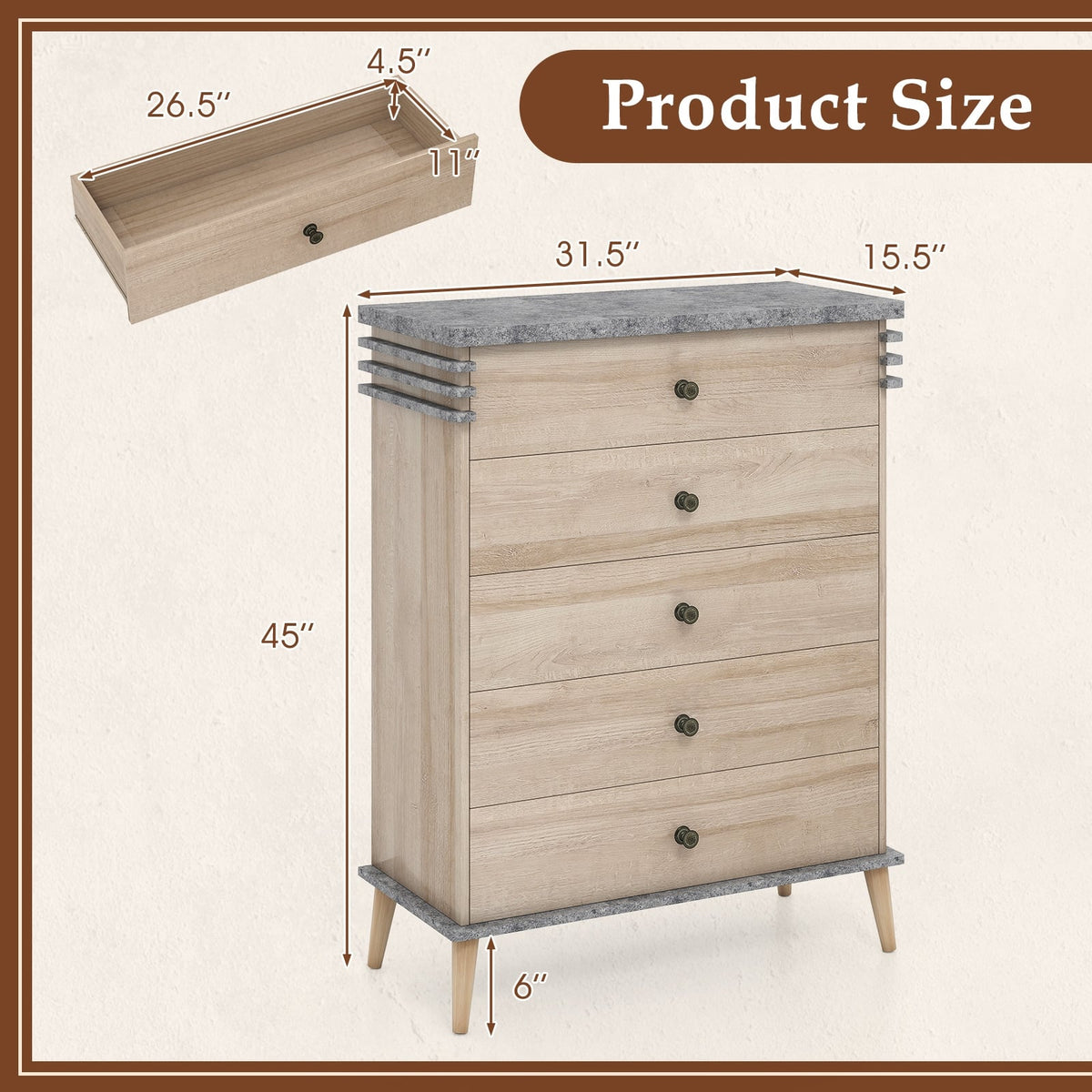Farmhouse 5-Drawer Dresser - Grey (min order qty 2)-Dressers & Chests-DECOROLALA