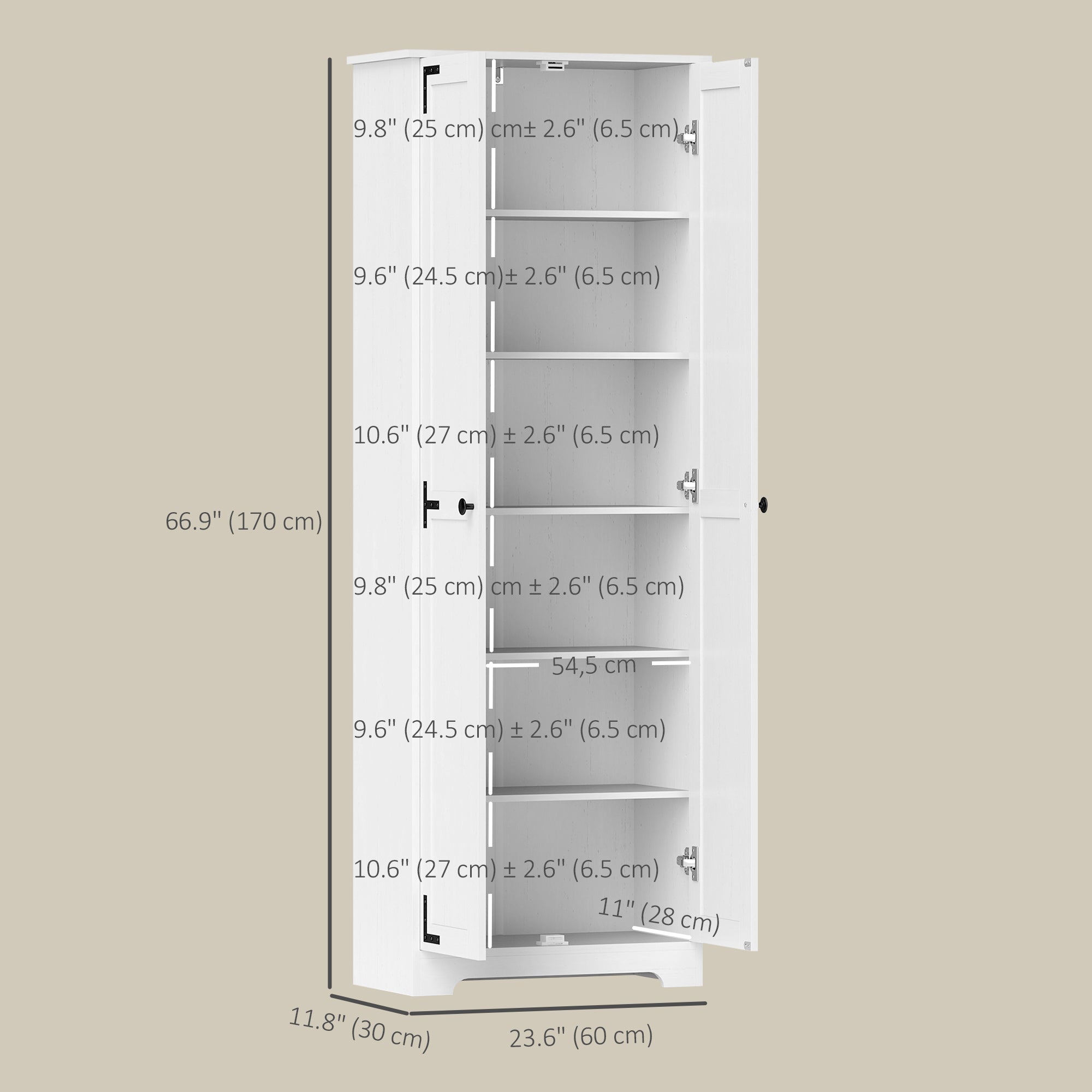 Farmhouse 67" Pantry Cabinet, Distressed White with Adjustable Shelves-DECOROLALA