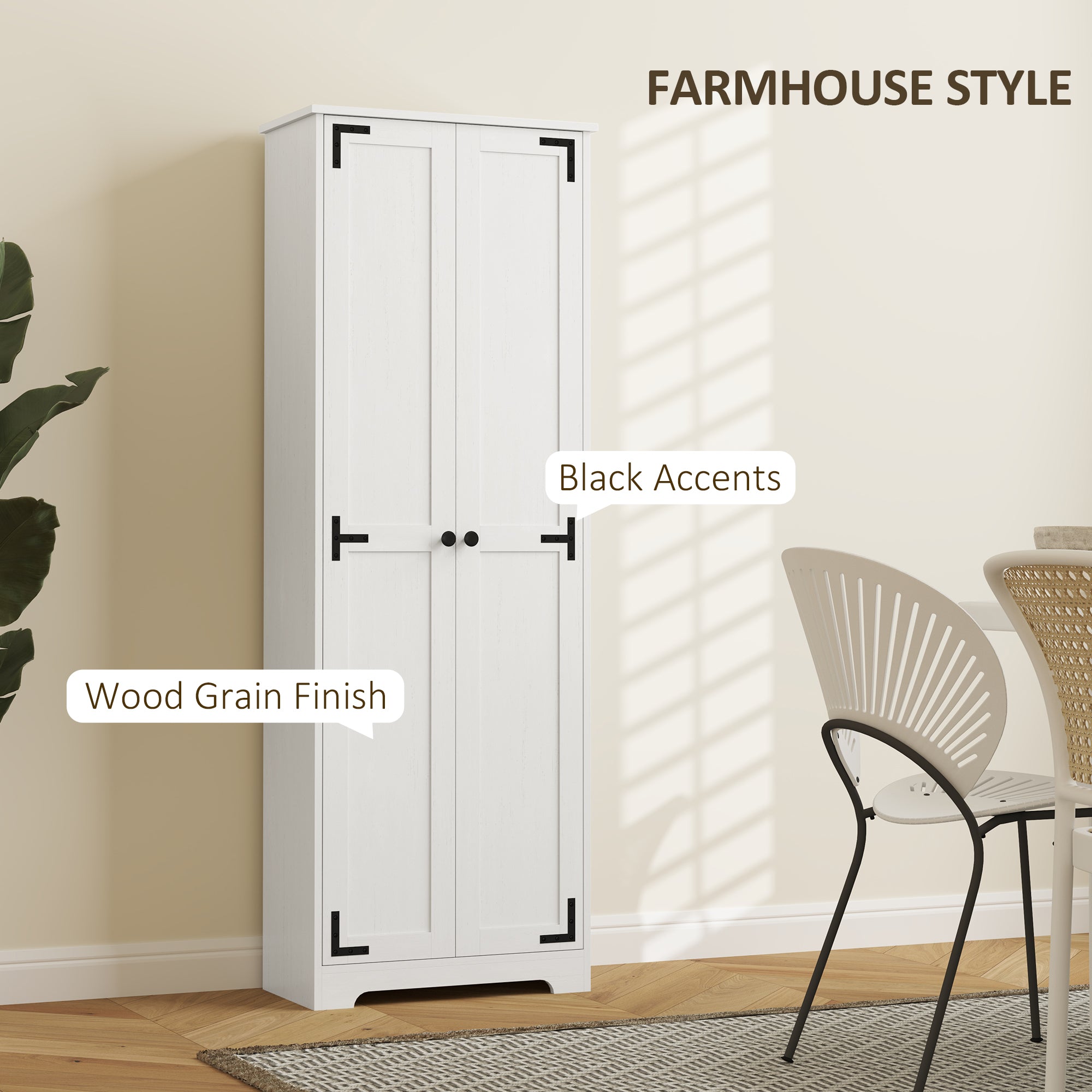 Farmhouse 67" Pantry Cabinet, Distressed White with Adjustable Shelves-DECOROLALA