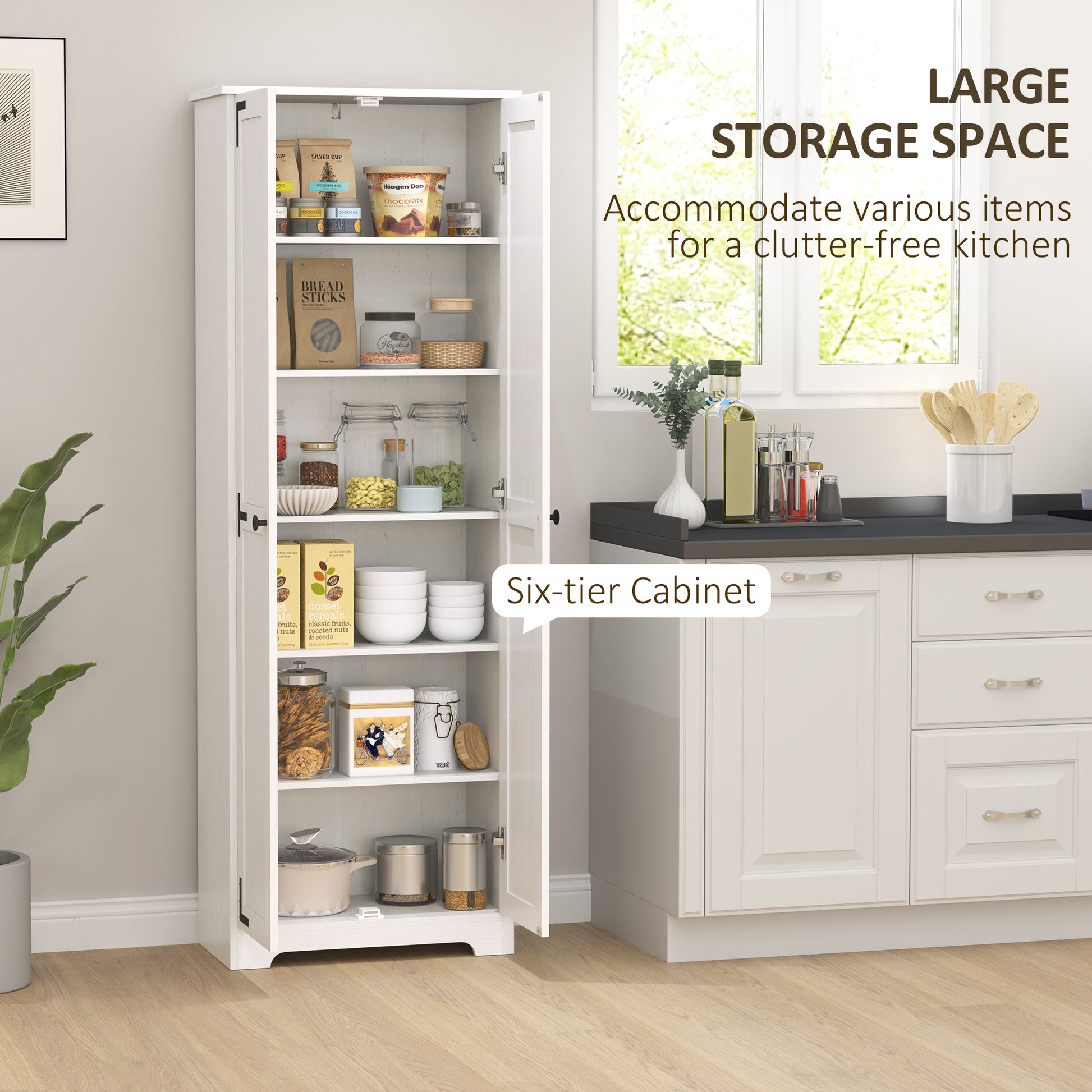 Farmhouse 67" Pantry Cabinet, Distressed White with Adjustable Shelves-DECOROLALA